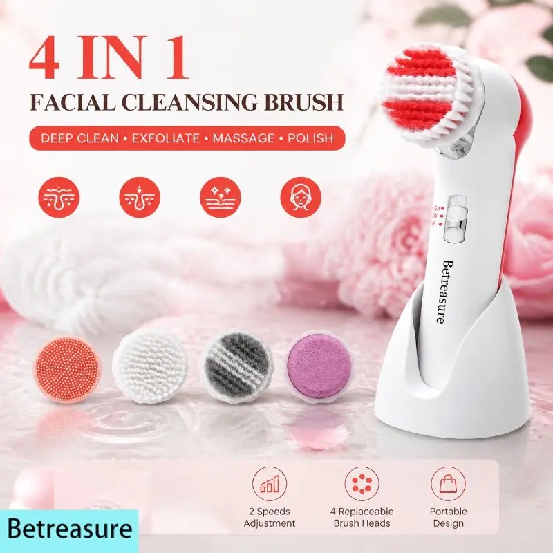 Betreasure 5-in-1 Facial Cleanser, Facial Cleansing Brush, Electric Facial Cleanser with 5 Rotating Massage Heads, Battery Powered (Excluding Battery), Used for Exfoliation, Deep Cleansing Device Cleaner, Multi functional Beauty Device