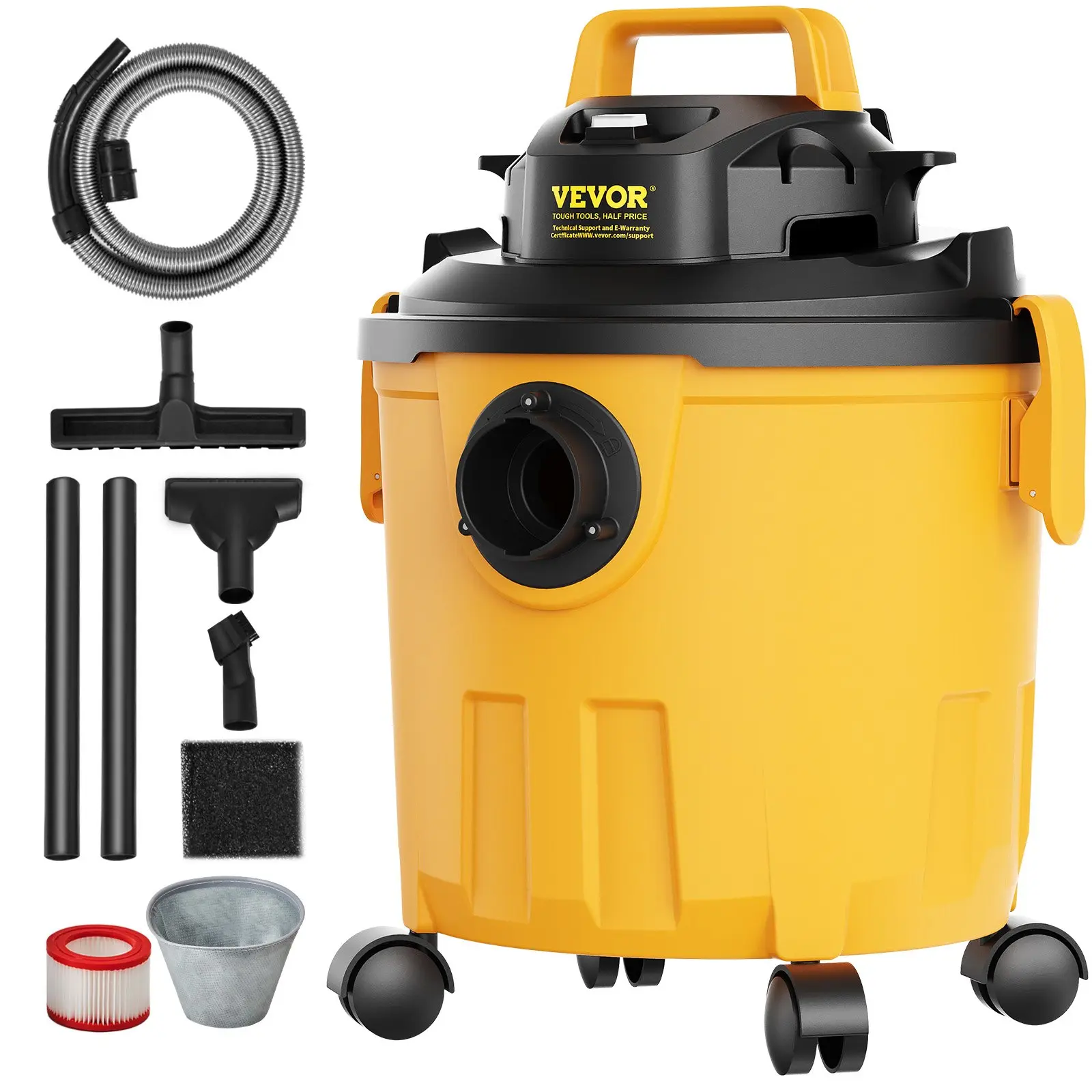 VEVOR Shop Vacuum Wet And Dry, 5 Gallon 6 Peak HP Wet/Dry Vac, Powerful Suction with Blower Function with Attachments 2-in-1 Crevice Nozzle, Small Shop Vac Perfect for Carpet Debris, Pet Hair, Car