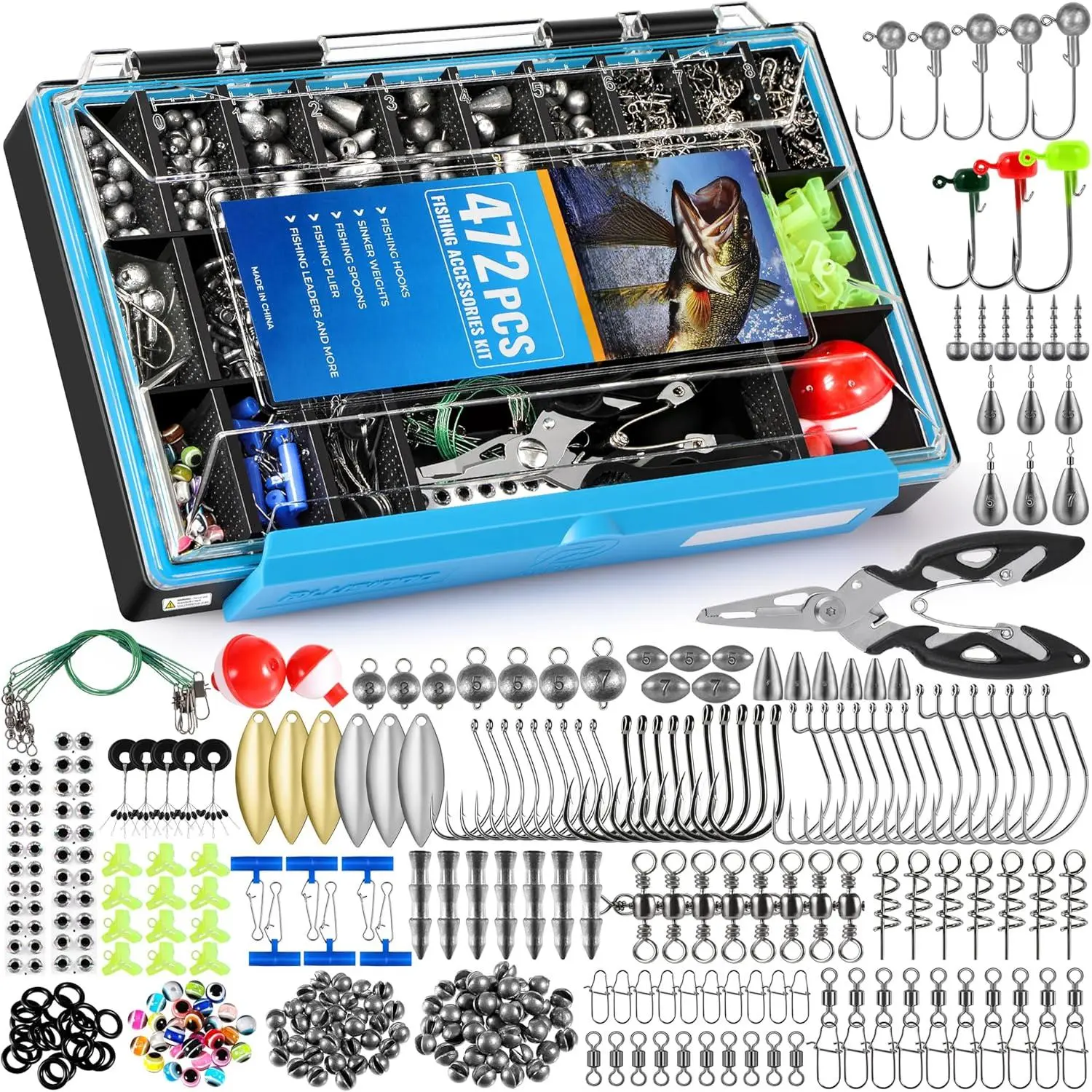 472PCS Fishing Accessories Kit, Waterproof Tackle Box with Tackle Included, Fishing Gifts  Men Included Hooks, Weights, Pliers,Fishing Gear and Equipment  Bass Trout