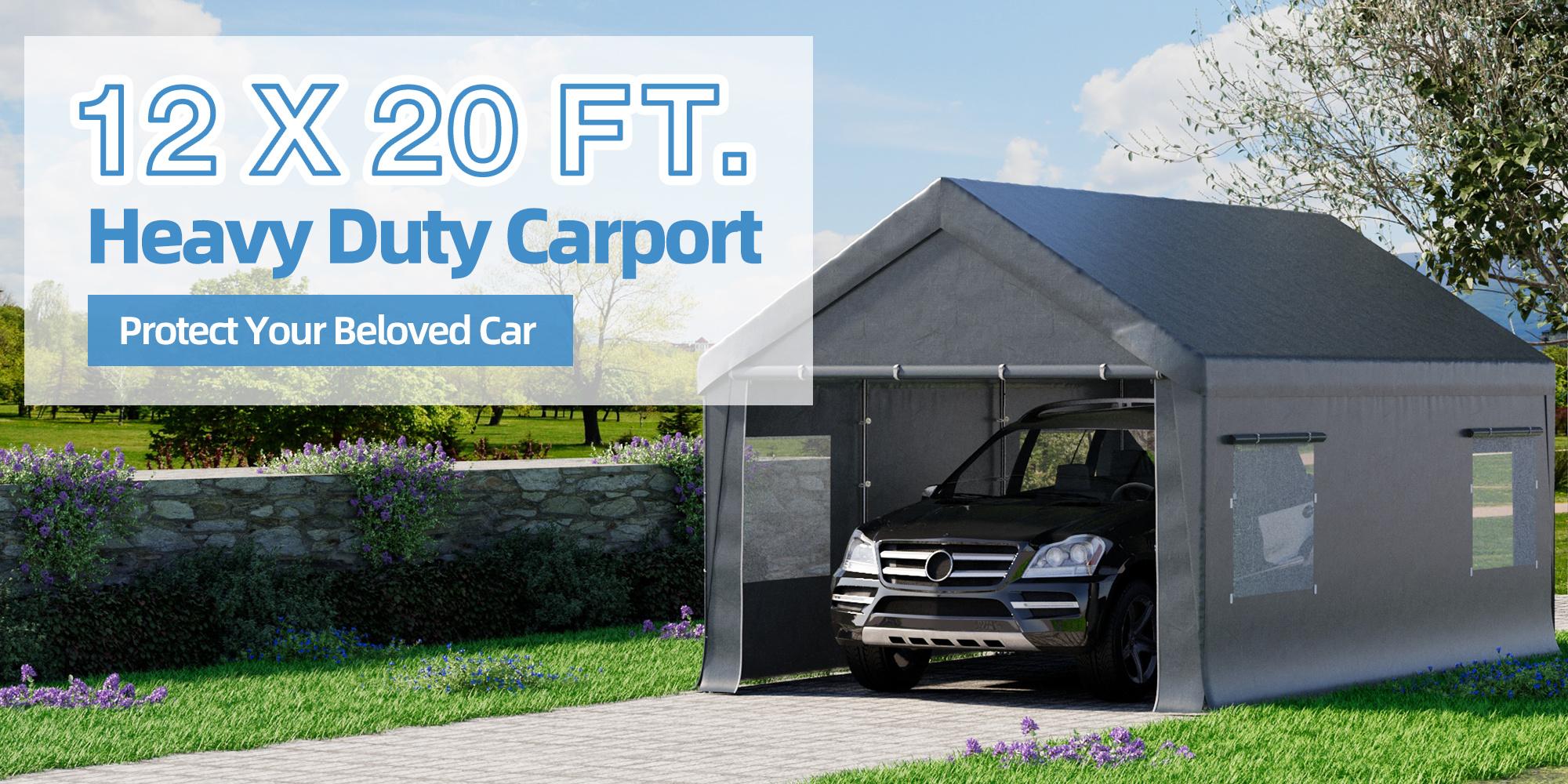 12x20ft, Car Canopy Portable Garage, Heavy Duty Car Port with Roll-up Ventilated Windows, UV Resistant Waterproof All-Season Tarp for Car, Boat and Emergency Shelter, White/ Black/ Yellow