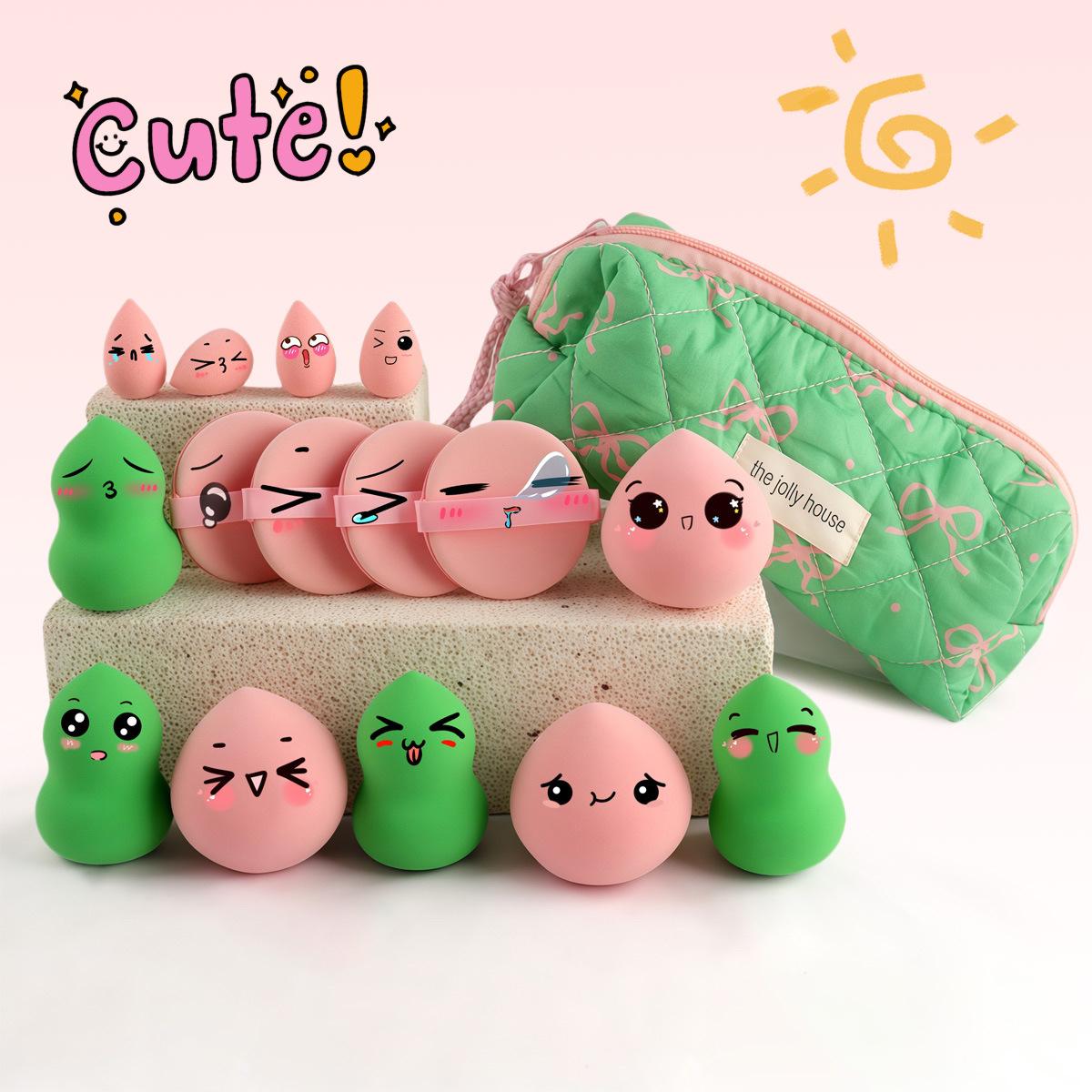 16PC Green Cute Puff Peach with Makeup Bag Beauty Tool Set Makeup Brush Set Makeup