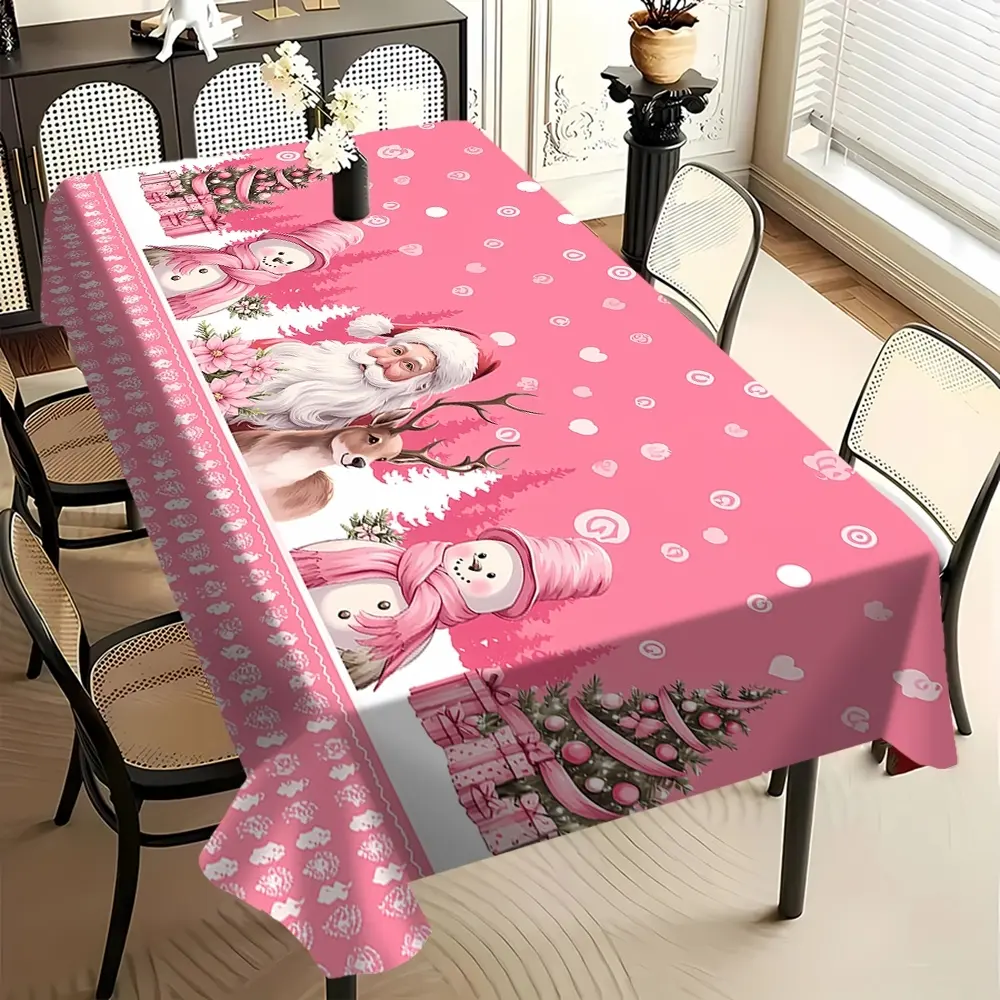 Pink Christmas Tablecloth with Santa, Reindeer & Snowmen, Festive Tree & Gift Motifs, Soft Drape, Thickened for Elegance — Perfect for Holiday Parties, Winter Gatherings, or Romantic Xmas Dinners, Decorations