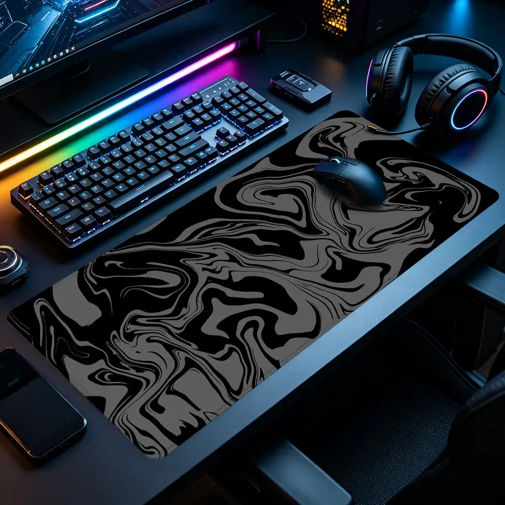 Black Gray Liquid Marble Large Gaming Mouse Pad Abstract Swirl Texture Pattern Design Stitched Edge Non-Slip Thick Rubber Base Smooth Top Surface Desk Protection For Game Room Office Desk School Desk , Perfect For Gaming Enthusiasts & Office Workers