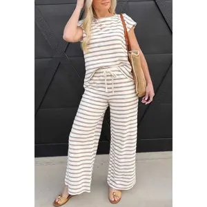 Khaki Stripe Cap Sleeve Tee Drawstring Shift Pants 2pcs Outfit