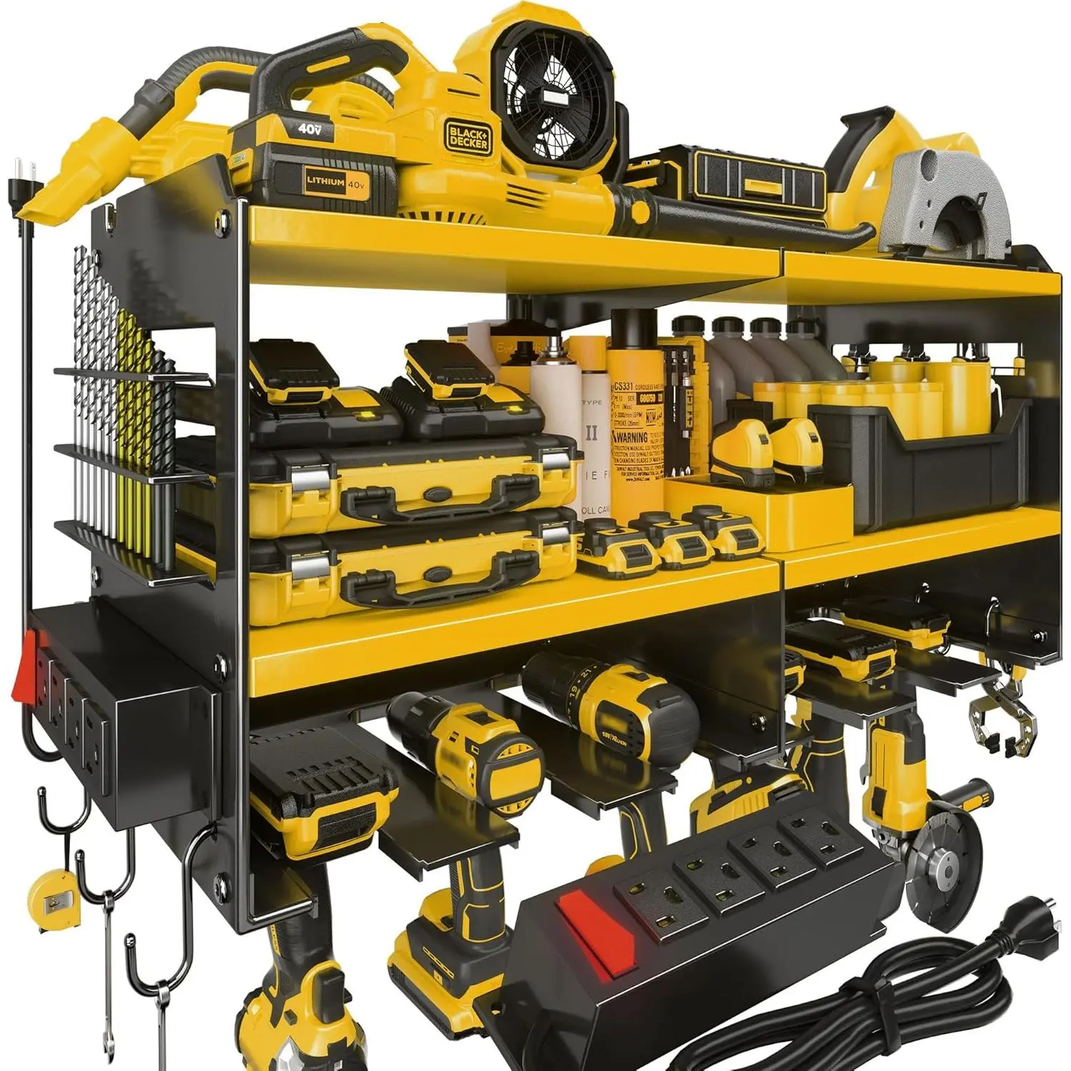 Large Power Tool Organizer Wall Mount with  Station, 3 Layer Heavy Duty Metal Tool Storage Rack Loads 420lbs with 6 Cordless Drill Holder, Utility Rack Loads with 4 Power Strip