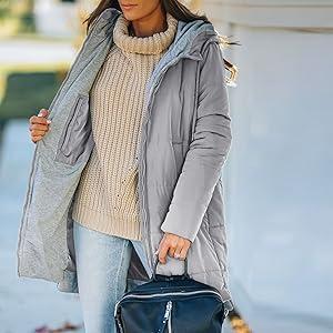 FMEYOA Womens Warm Puffer Down Jacket Hooded Winter Casual Lightweight Mid Quilted Coat with Pockets