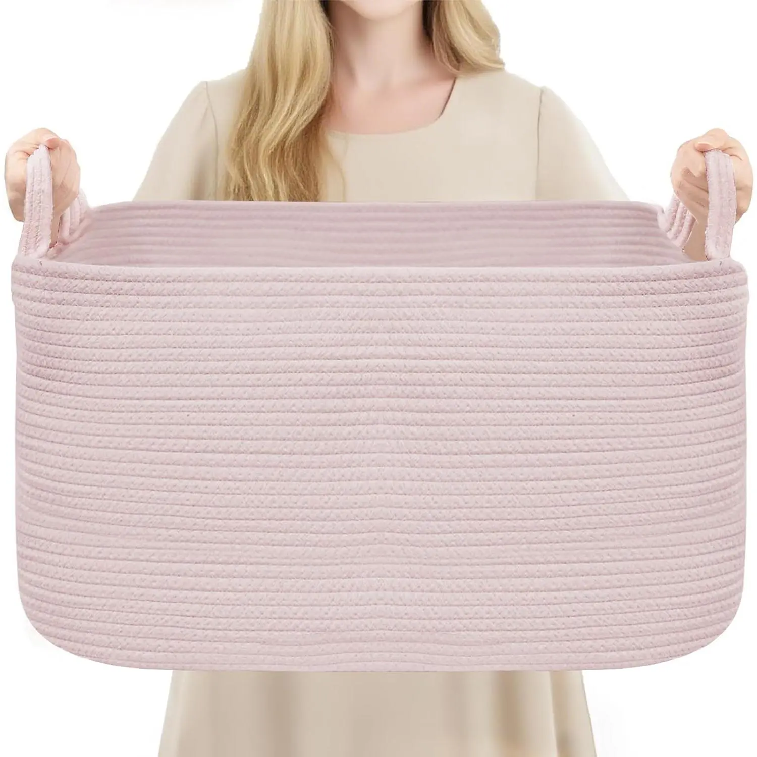 Large Blanket Basket, Pink Rectangle Cotton Rope Storage Basket, Nursery Laundry Hamper for Storage Clothes Organizing，21.6''×14.9''×11.8'' Woven Basket for Living Room