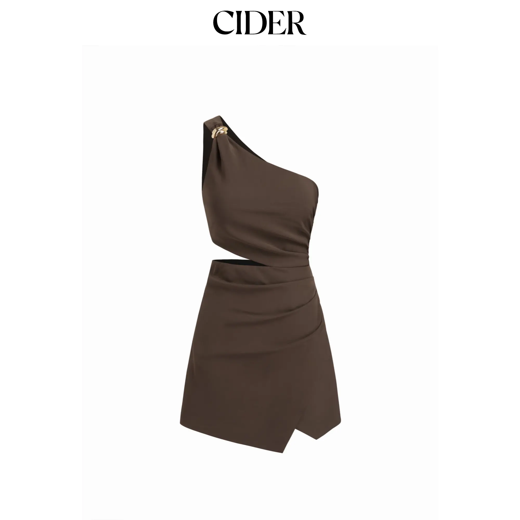 Cider Asymmetrical Neck Metal Detail Cut Out Ruched Mini Dress SummerFinds
