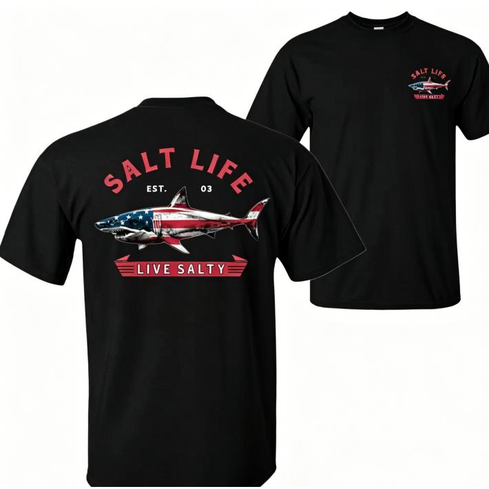 Salt Life Live Salty Sharkk T-Shirt, American Flag Shark Graphic Tee, Soft Cotton Unisex Shirt, Coastal Lifestyle Apparel for Men & Women, Beach and Fishing Lover Gift day comfort tee unisex casual graphic tee merch unisex streetwear summer style top t-sh