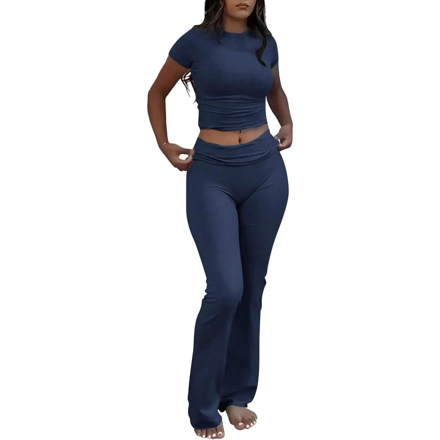 Women's Casual Workout Two Piece Outfits - Short Sleeve Crop Top High Waist Foldover Flare Pants Tracksuit Sets Streetwear