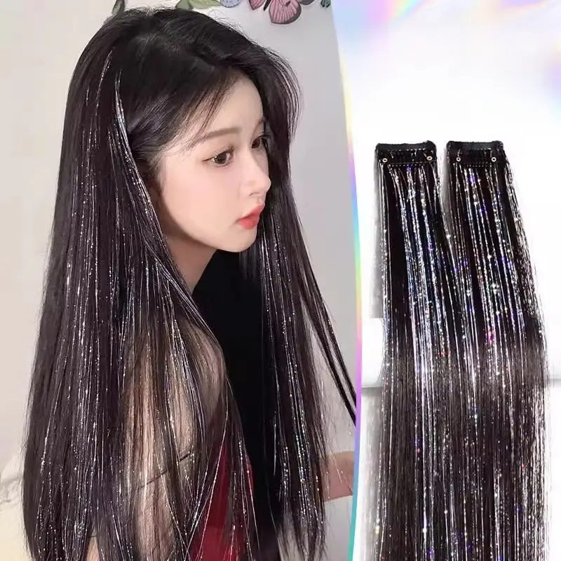 Clip‑in Hair Tinsel Extensions, 2‑Pack Black Synthetic Straight Hair Pieces with Shiny Holographic Glitter Tinsel, Sparkle Highlight Hair Accessories for Women Festival Concert Party Daily Dress‑up