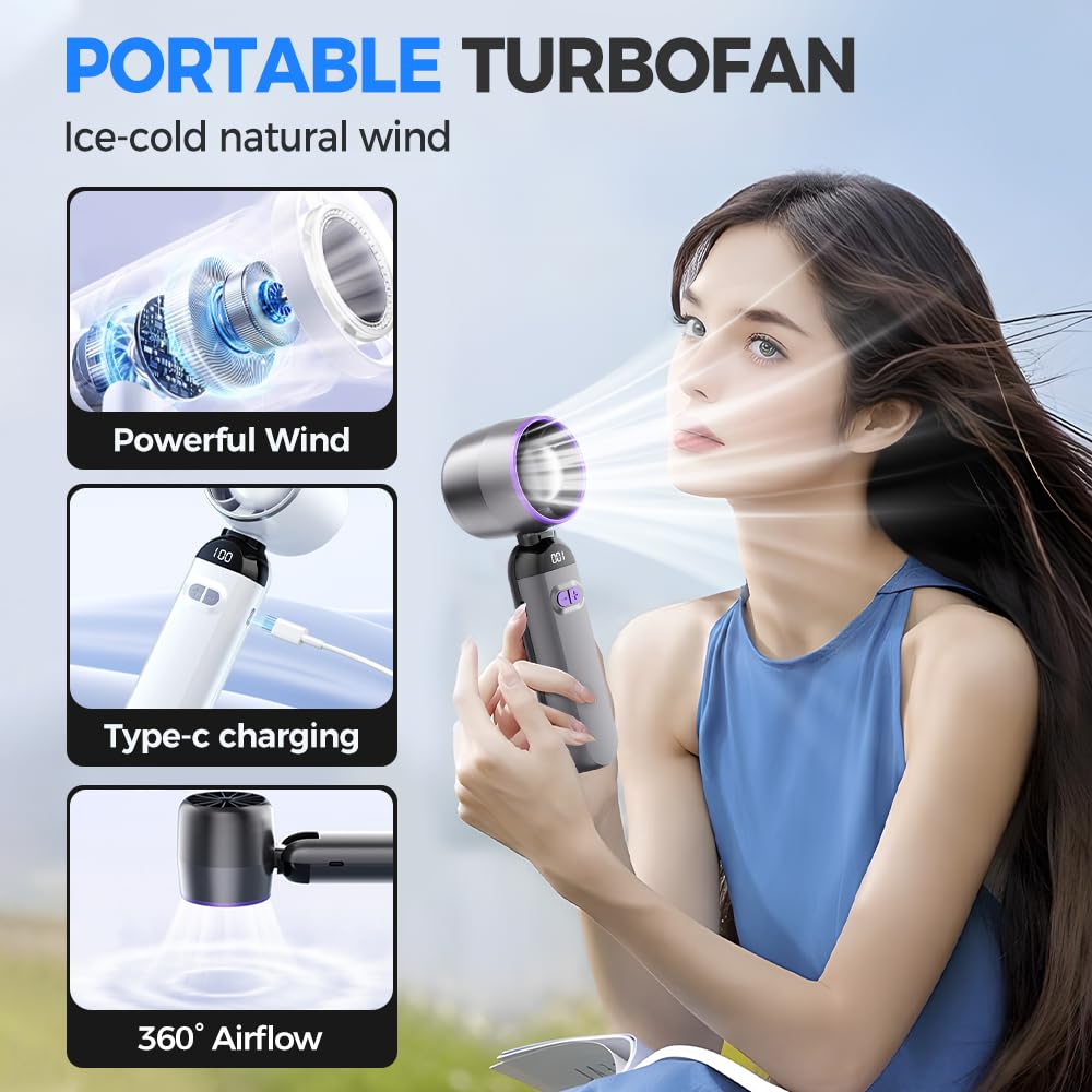 Portable Handheld Fan, USB Rechargeable Mini Turbo Fan, Handheld Cooling Fan, Adjustable Cooling Fan, Desk & Neck Fan Cooling Ice Fan, Portable Handheld Fans for Outdoor, Travel