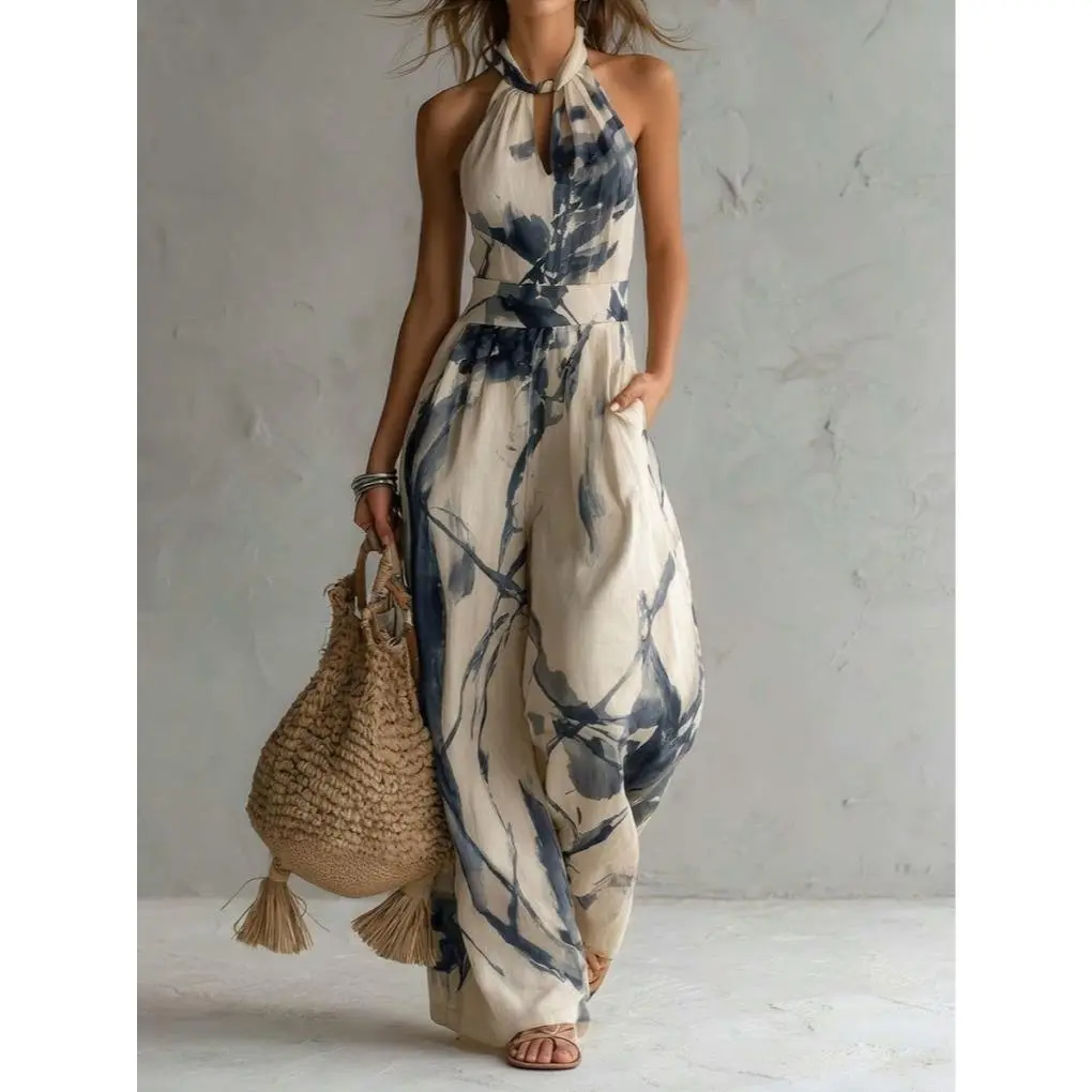 Women's Bohemian Polyester Overalls - Halter Strap Sleeveless Cut-Out High-Waist Wide-Leg Jumpsuit, Abstract Ink Print, Pockets, Flattering Fit for Vacation Blue Womenswear Navy Blue Boho Fabric Floral, Lady, Halter Neck