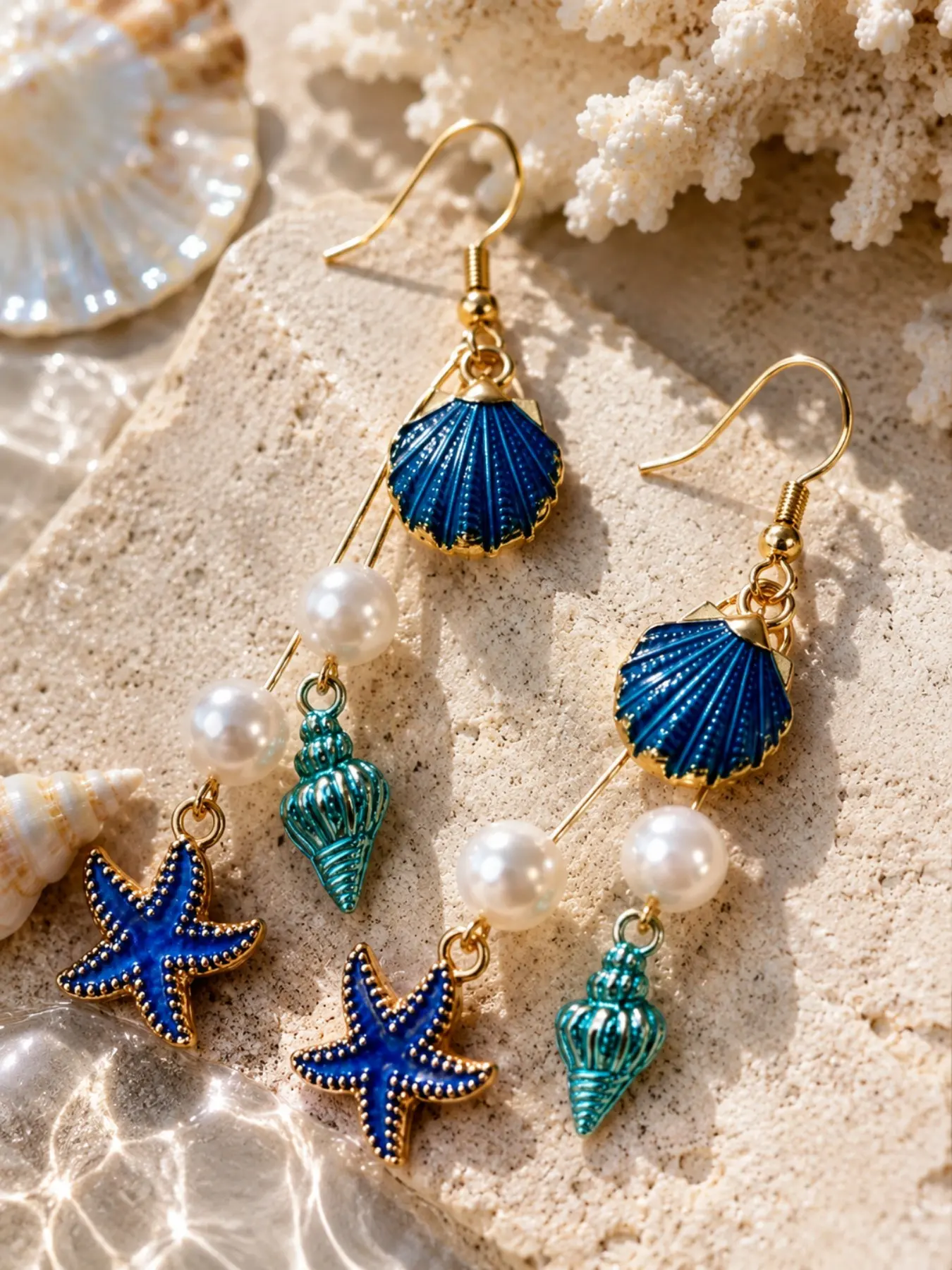2pcs Ocean Style Faux Pearl Dangle Earrings for Women, Blue Seashell Starfish Conch Drop Earrings, Gold Tone Beach Vacation Jewelry, Beachy Earrings, Party Wear Graduation Gift