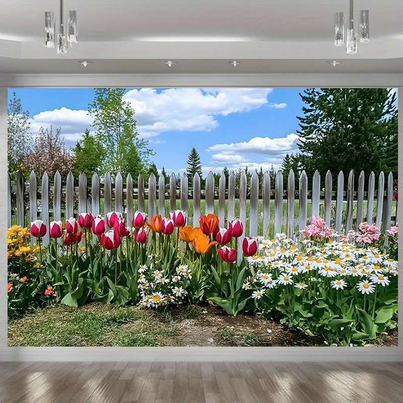 2D Flat Colorful Garden Banner | Vibrant Tulips, Blooming Flowers & White Fence Backdrop | Single-Sided Polyester | Metal Grommets for Easy Hanging | Perfect for Garden, Patio, Spring Party, Wedding & Photo Booth Decor