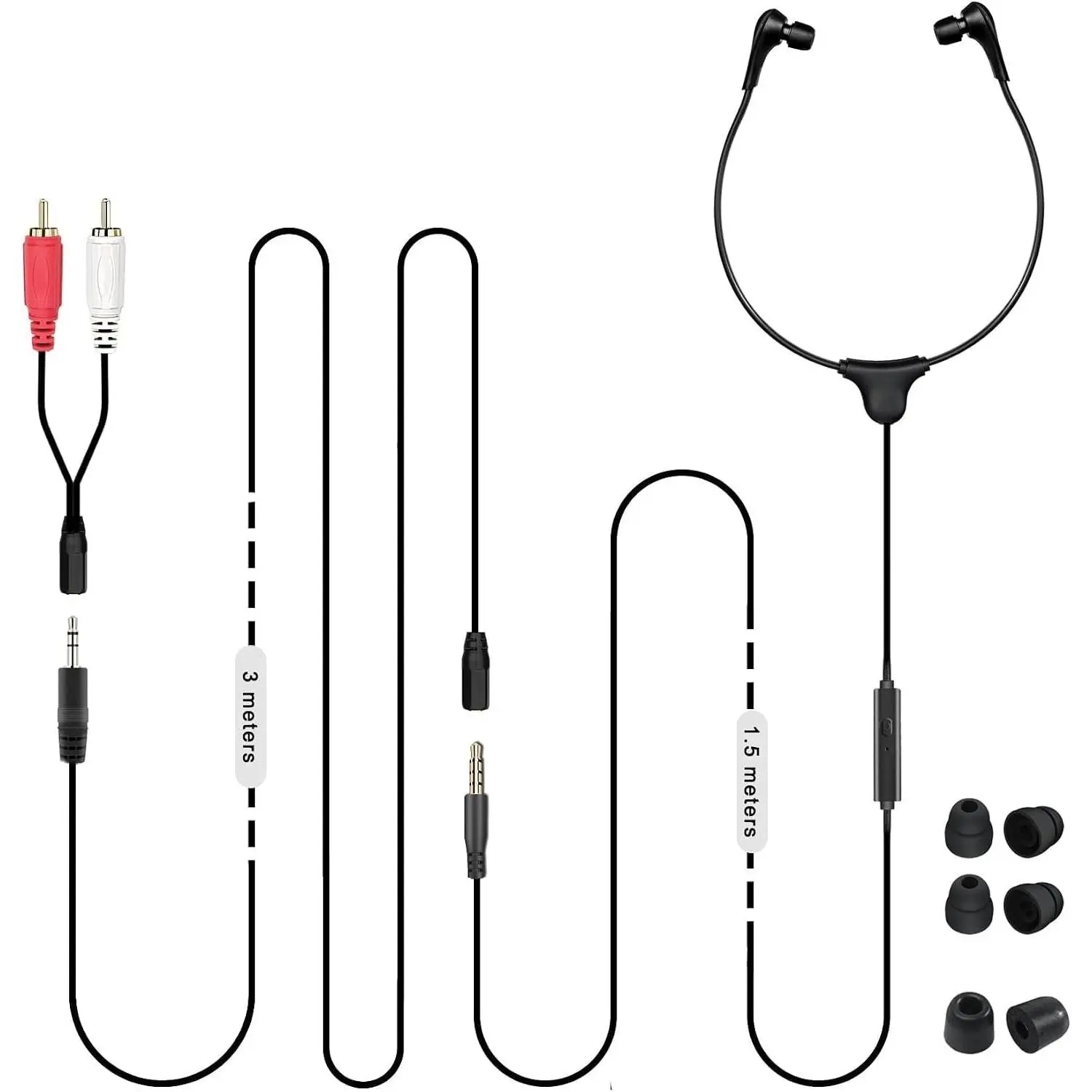 Anti-Dropping Wired TV Earphone with Volume Control, Extra Long Cord Headphone with Mic for TV, PC,  & 3.5mm  Included, 14.9ft Extension  Earphone, Extra Soft Ear Tips, SM-901TV