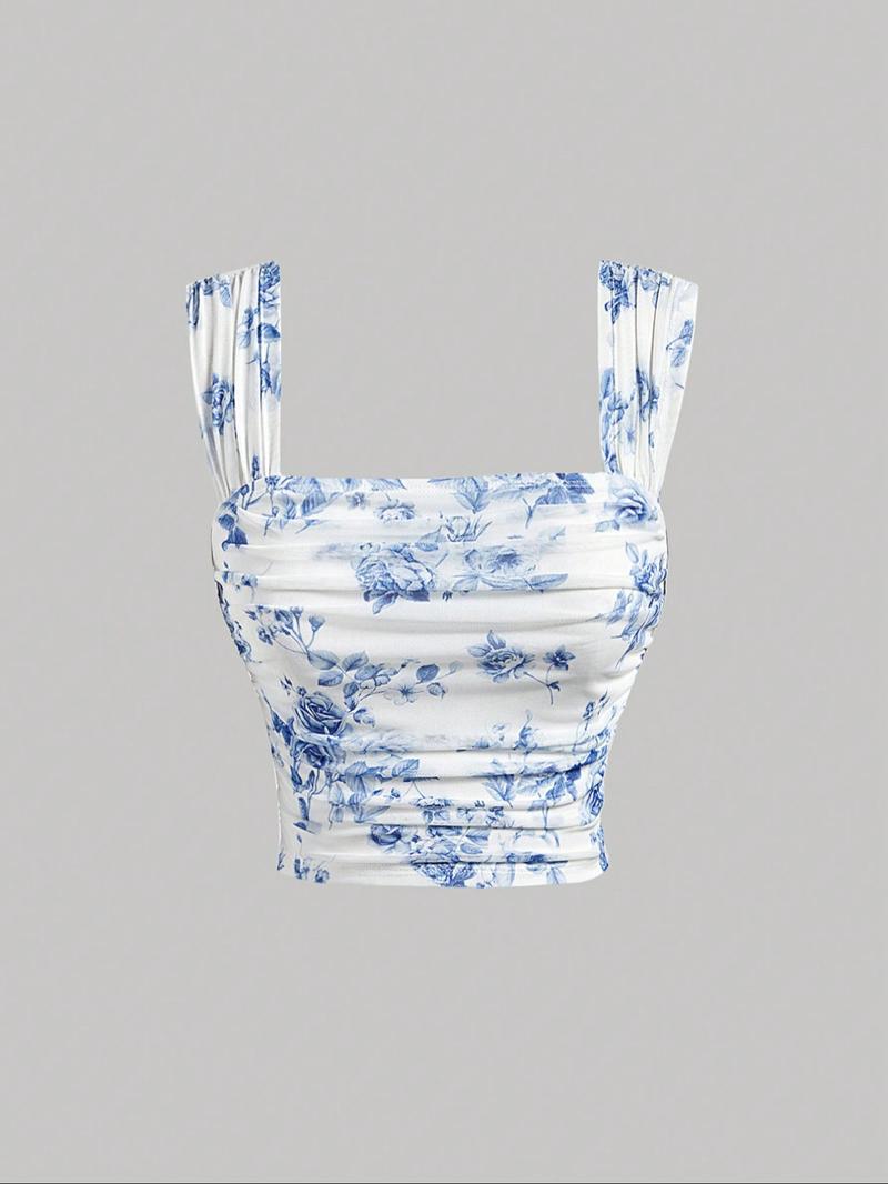 Women's Plain / Floral Print Ruched Tulle Tank Top, Elegant Sleeveless Top for Summer, Ladies Clothes for Daily Wear, Cropped Cami Top