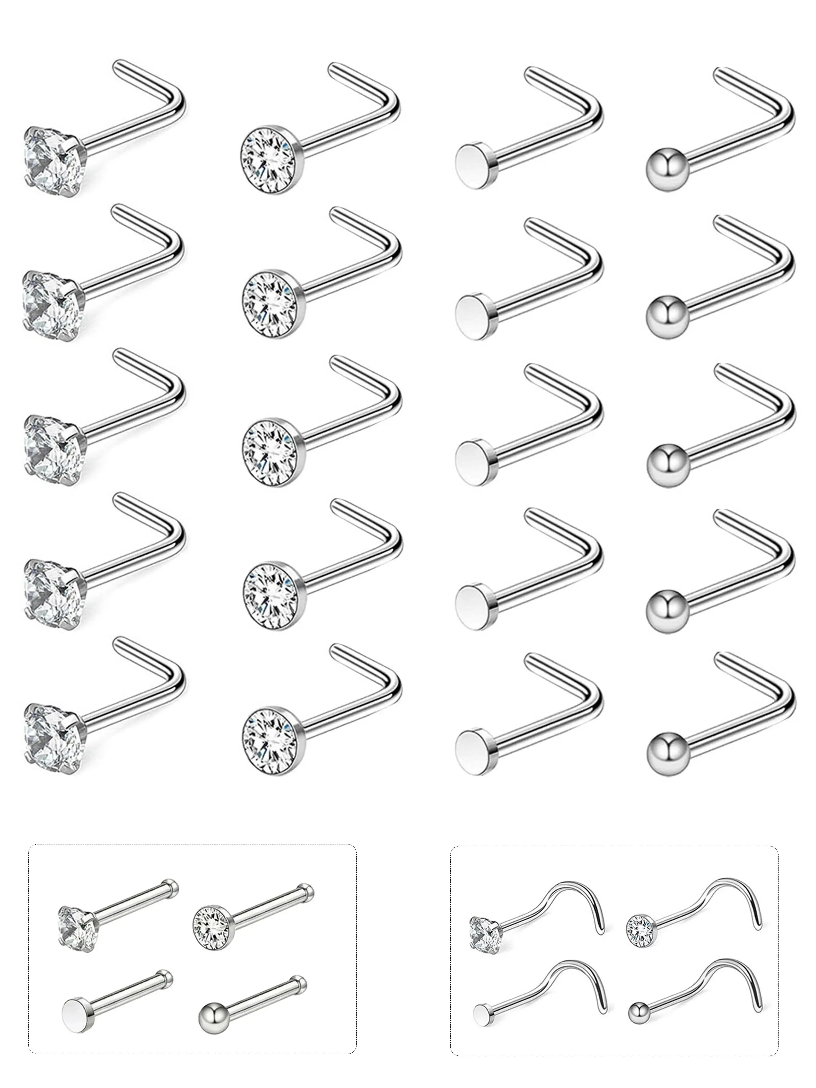 20Pcs Surgical Steel Nose Studs for Women Men, 20G Hypoallergenic Nose Rings Studs, Ball Nose Studs, L Shape/Corkscrew/Straight Bar Nose Piercing Jewelry, Perfect Gift for Her, Flat Top Nose Rings Studs, Body Piercing Jewelry