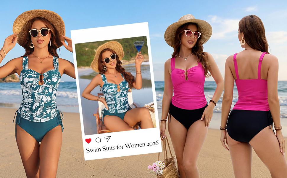 Womens Two Piece Tankini Swimsuits Tummy Control Bathing Suit Sexy O Ring Cutout Swim Suits 2026