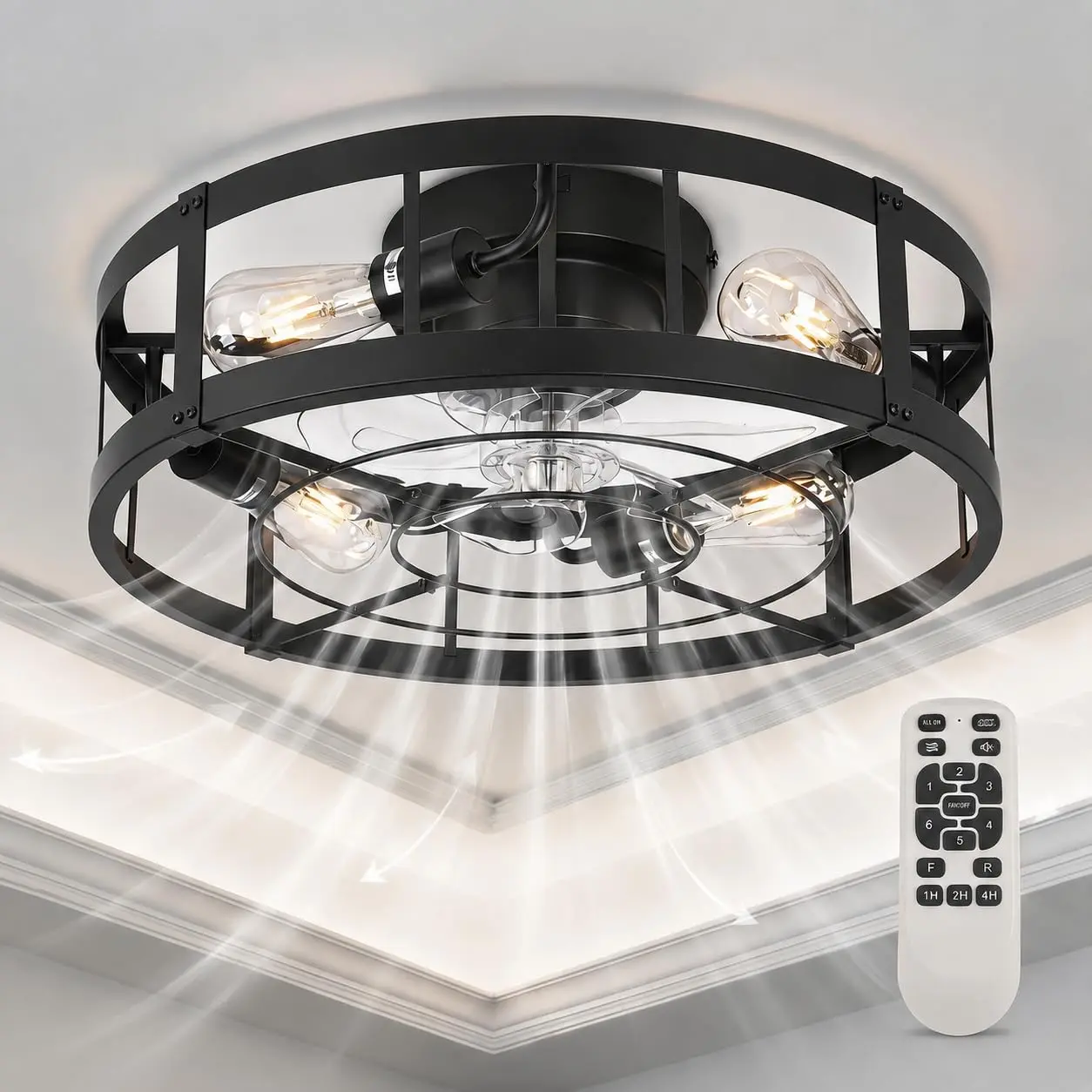 Hosslly 20" Low Profile Flush Mount Metal Cage Ceiling Fan with Lights, Remote Control - Vintage Black Round Ring Design, LED Powered RGB Lights, Small Indoor Bedroom Ceiling Fanlights