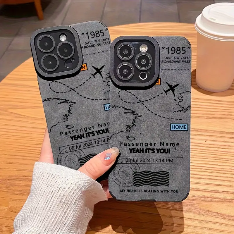 Nostalgic 1985 Flight Boarding Pass Airplane Graphic Phone Accessories Soft Suede iPhone Protect Cover, Impact Proof Flexible All-Round Camera Guard for iPhone Series (XS,11,12,13,14,15,16,17) Vintage Grey Travel Lover