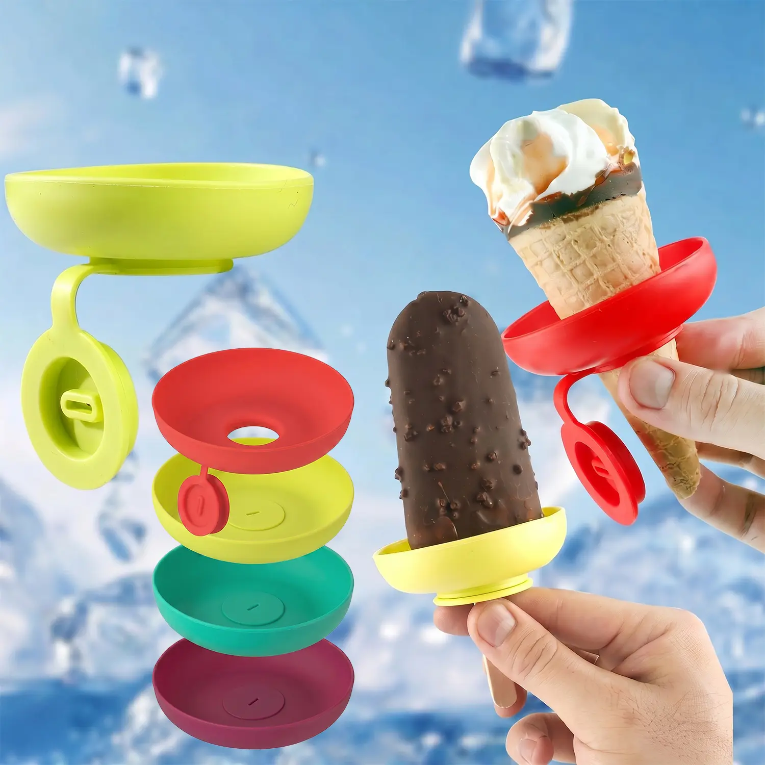 IceCream Holder for Kids 4pcs Silicone Holder Stand Set, Summer Popsicle Holder, Leak-Proof Cone Support with Drip Guard, Portable Youngsters's Ice Pop Mold Tray for On-The-Go Snacks - Dishwasher Safe, Thanksgiving tableware