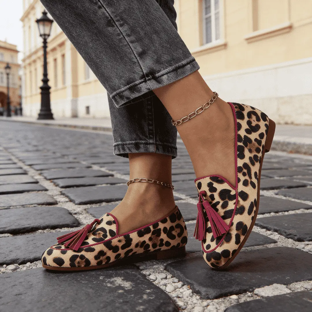 Women Comfortable Flat Bottom Tassels 40-43 Plus Size Leopard Print Round Head Loafers