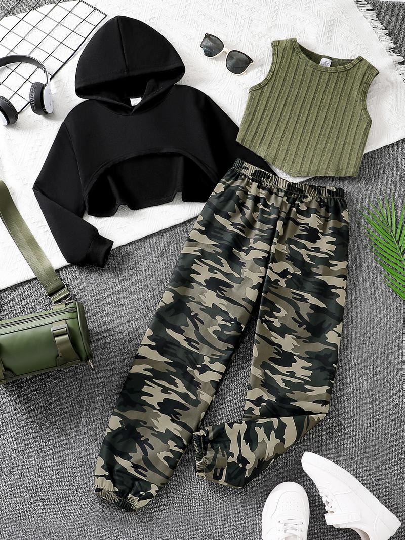 Three-Piece Set Girl's Plain Asymmetrical Hem Crop Hoodie & Crop Tank Top & Camo Print Elastic Waist Sweatpants Set, Casual Drop Shoulder Hooded Sweatshirt & Tank Top & Jogger Pants for Spring & Fall, Kids Clothes for Daily Wear, Grunge Girl Outfits