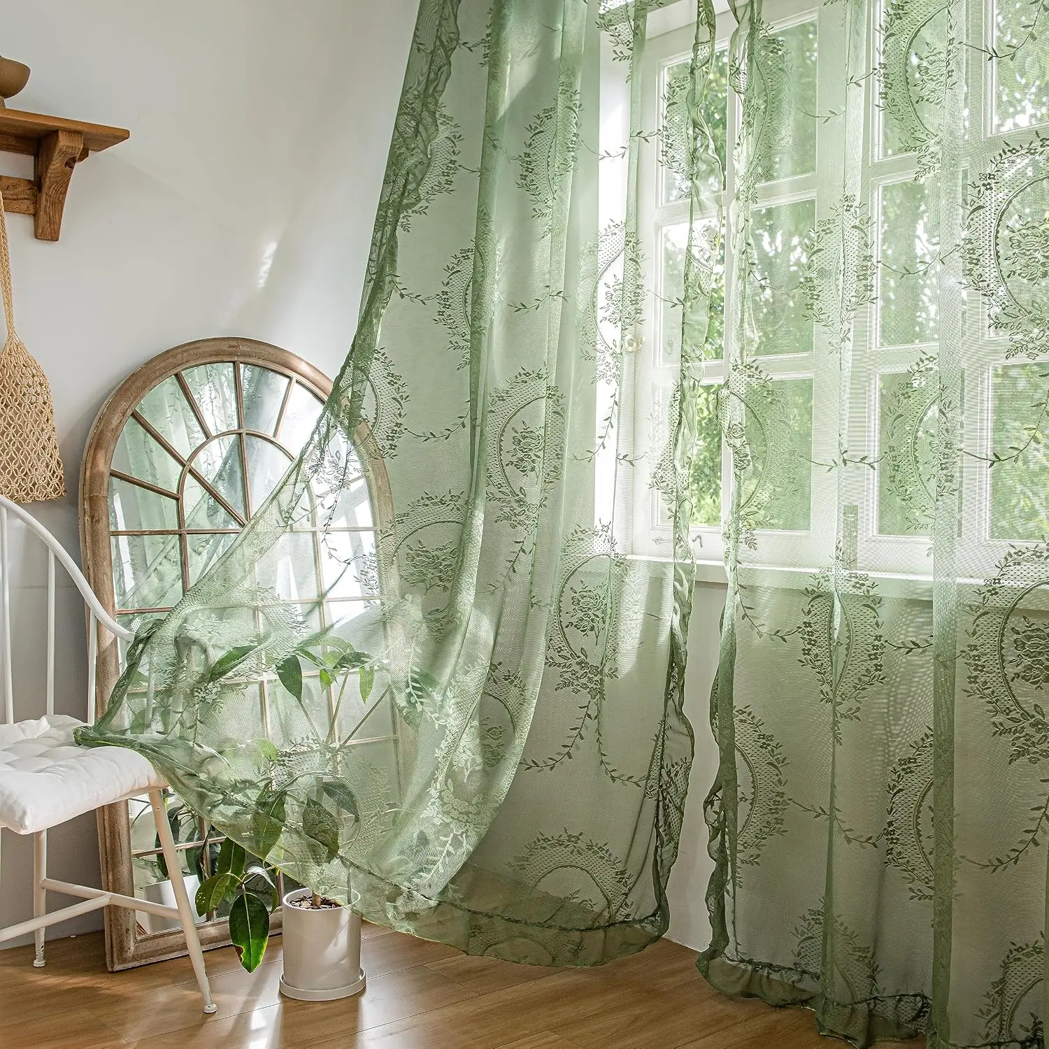 Olive Green Lace Fabric Sheer Curtains - 2 Panels, 57in W x 84in L, Embroidered Florals Ruffled Vintage Chic Privacy Drapes for Bedroom, Living Room Window Treatment with Rod