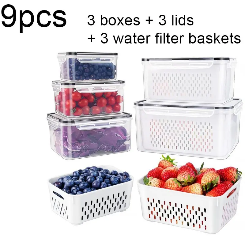 9-Piece Refrigerator Storage Set, Stackable Food Keeper Boxes with Removable Filters, BPA-Free, Leakproof Food Storage, Ideal for Salad, Berries, Vegetables, Meat