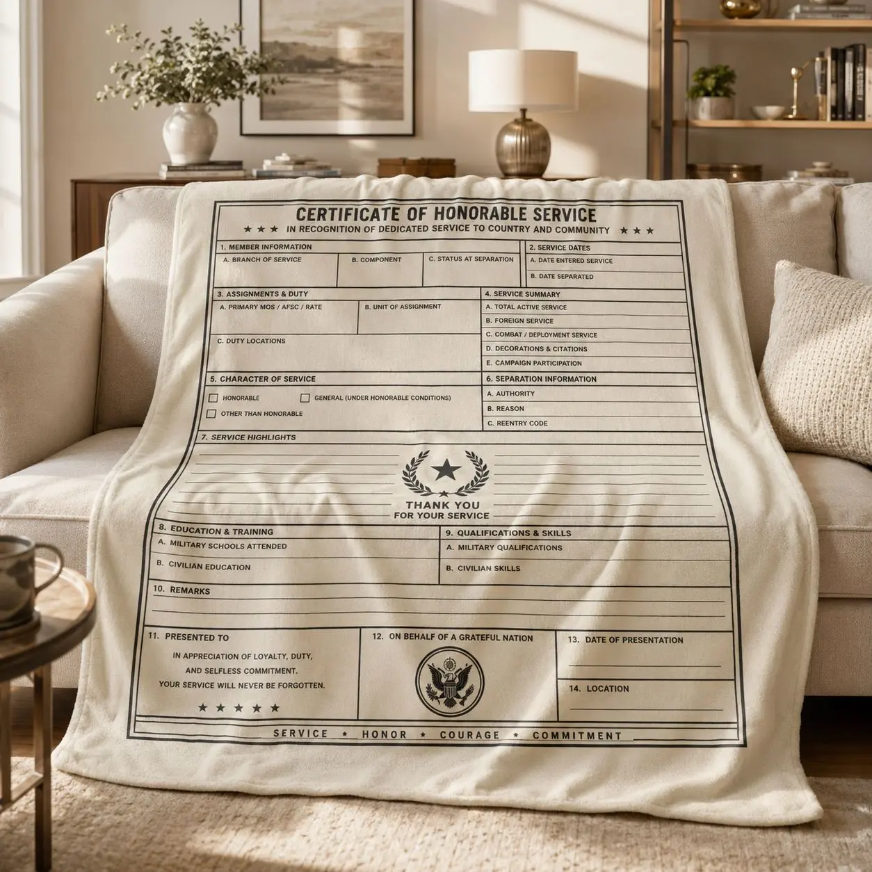 DD Form 214 Veteran Service Certificate Fleece Blanket, Memorial Day Theme, All-Season Adult Sofa Bedroom Gift, 1 Piece