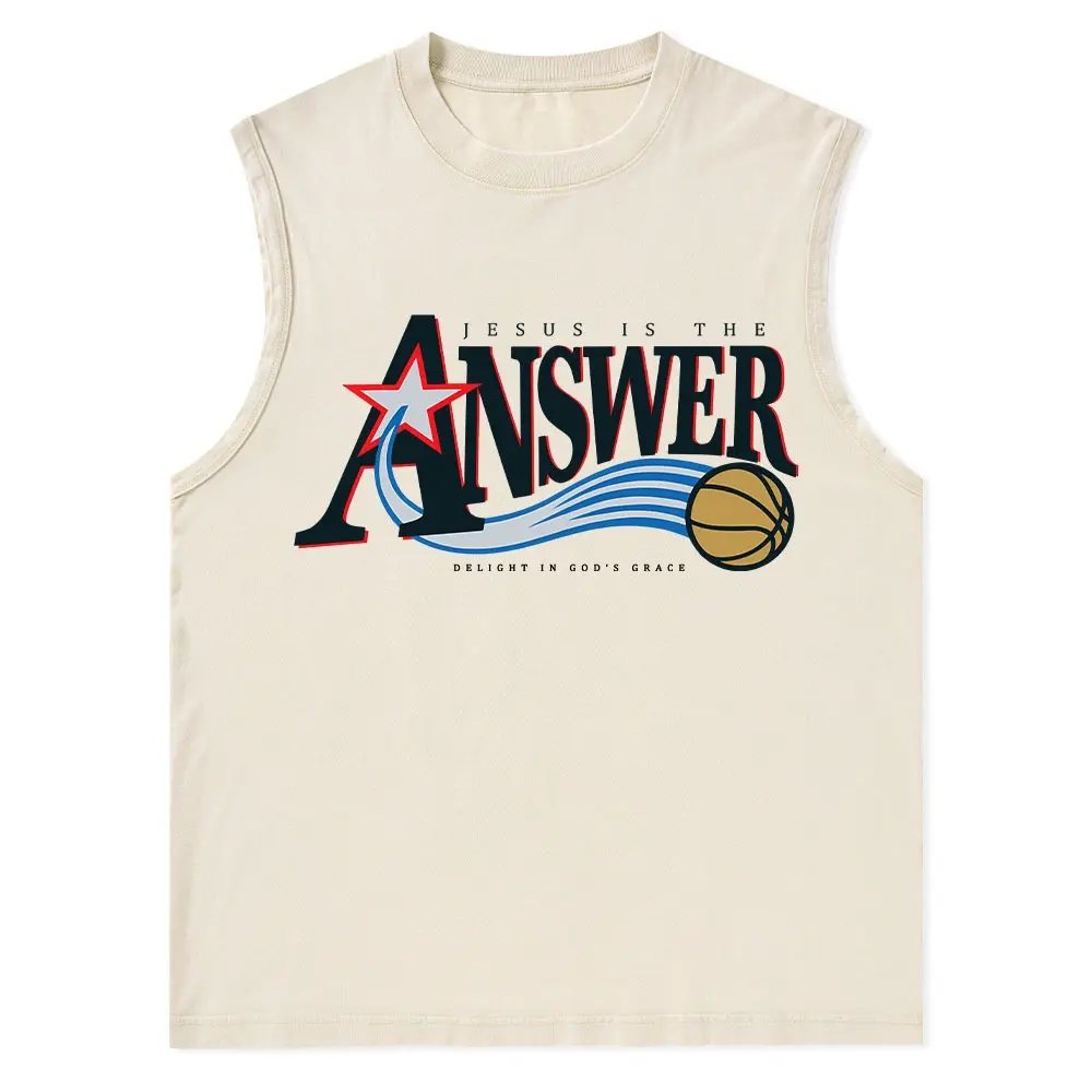 Men's Christian Washed Graphic Tank Top - 100% Premium Cotton, Crew Neck, Unisex Fit Sleeveless, "Jesus Is The Answer" Digital Print, Minimalist Classic Basics, Casual Athletic Wear with Love, Cold Wash Only, Cool Iron, S, 2XL