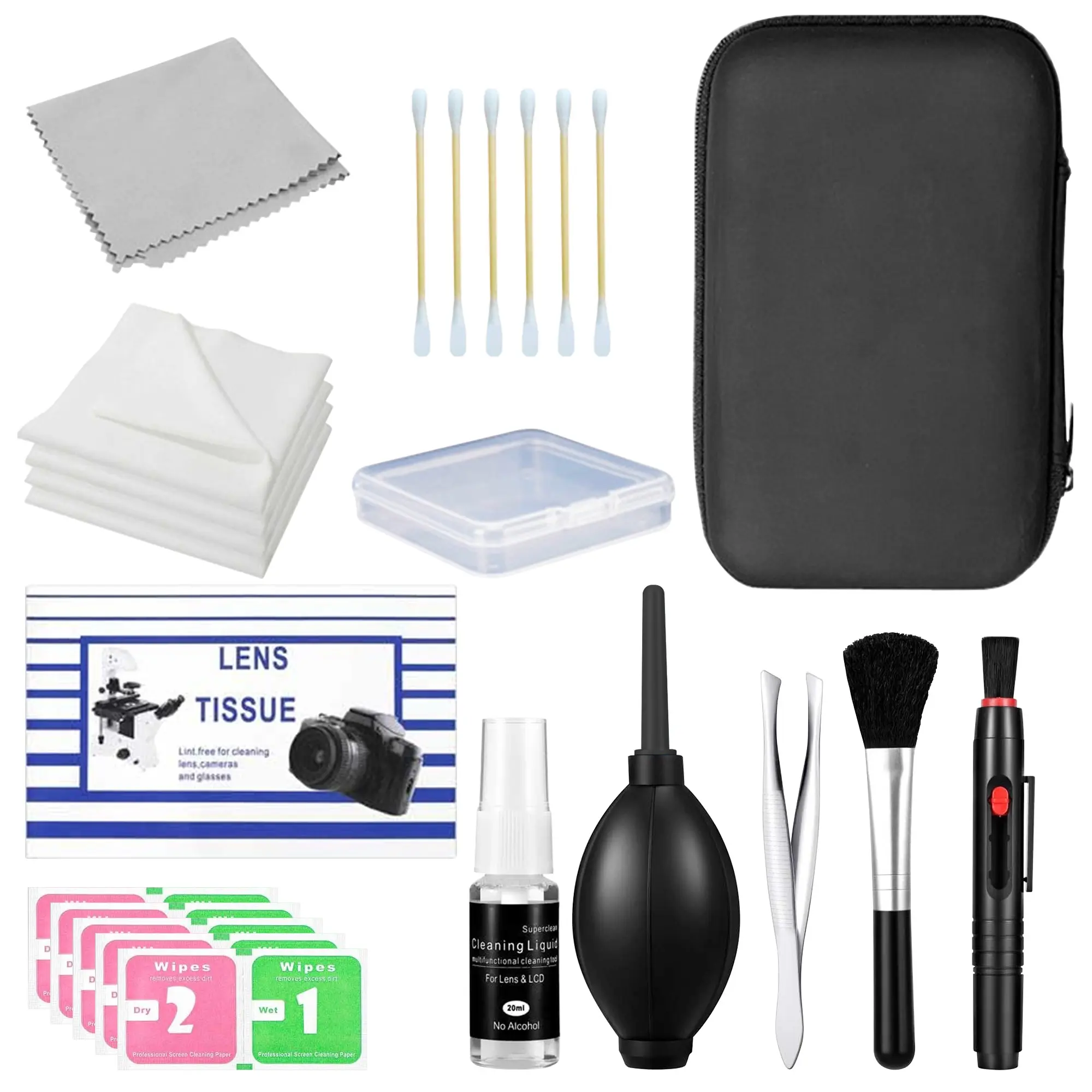 Camera Lens Cleaning Kit Camera Cleaner for Canon Sony Nikon, Includes Lens Blower Detergent Swabs Cloth Pen Brush, Mirrorless Dslr Sensor Cleaning Tools