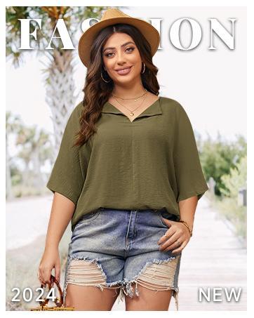 Imily Bela Womens Plus Size Tops Short Sleeve V Neck Tee Blouse Summer Loose Fit Casual Tunic Top XL-5XL