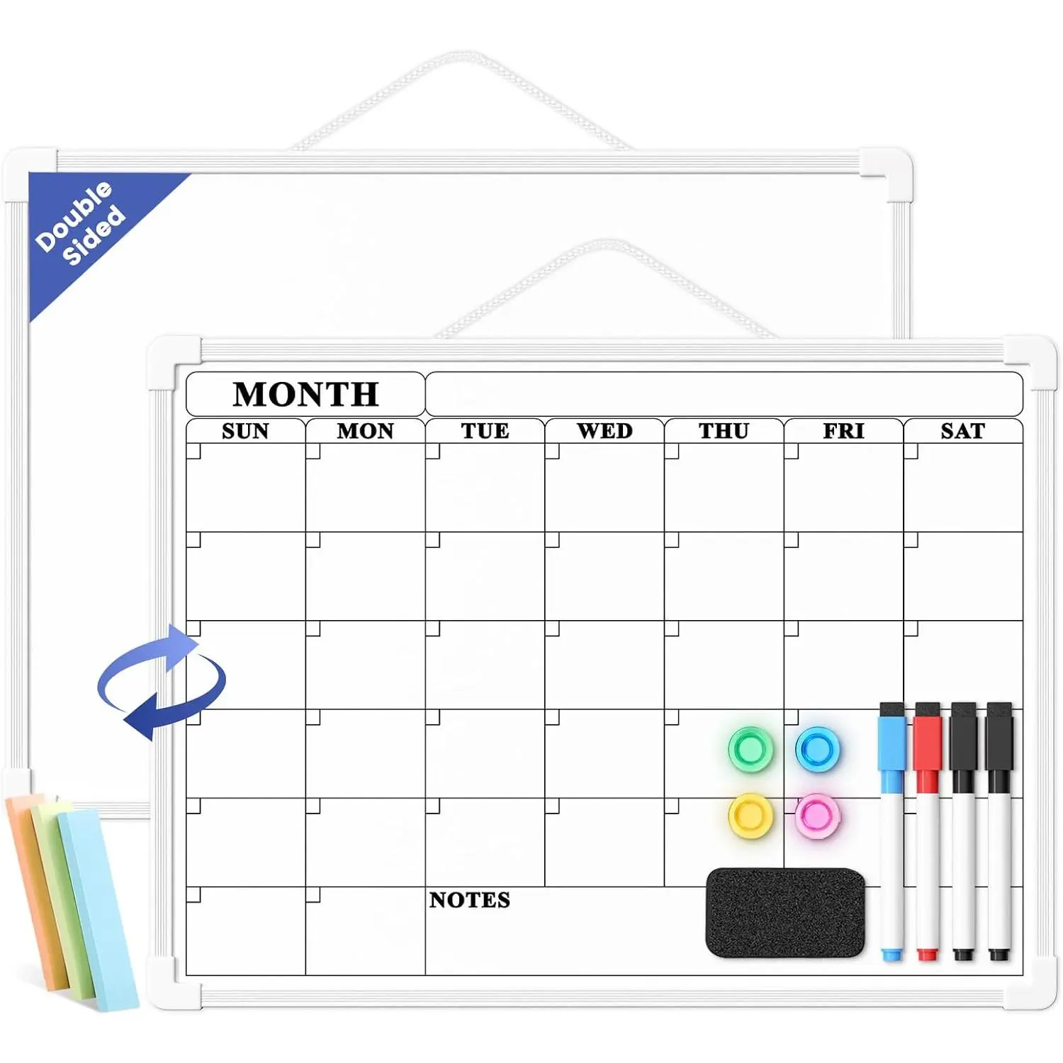 16x12" Dry Erase Monthly Wall Whiteboard Calendar with Plastic Frame, Double Sided, 3 Mini Sticky Notes for Kitchen & Office Planning, Memos (Office Stationery Organiser)