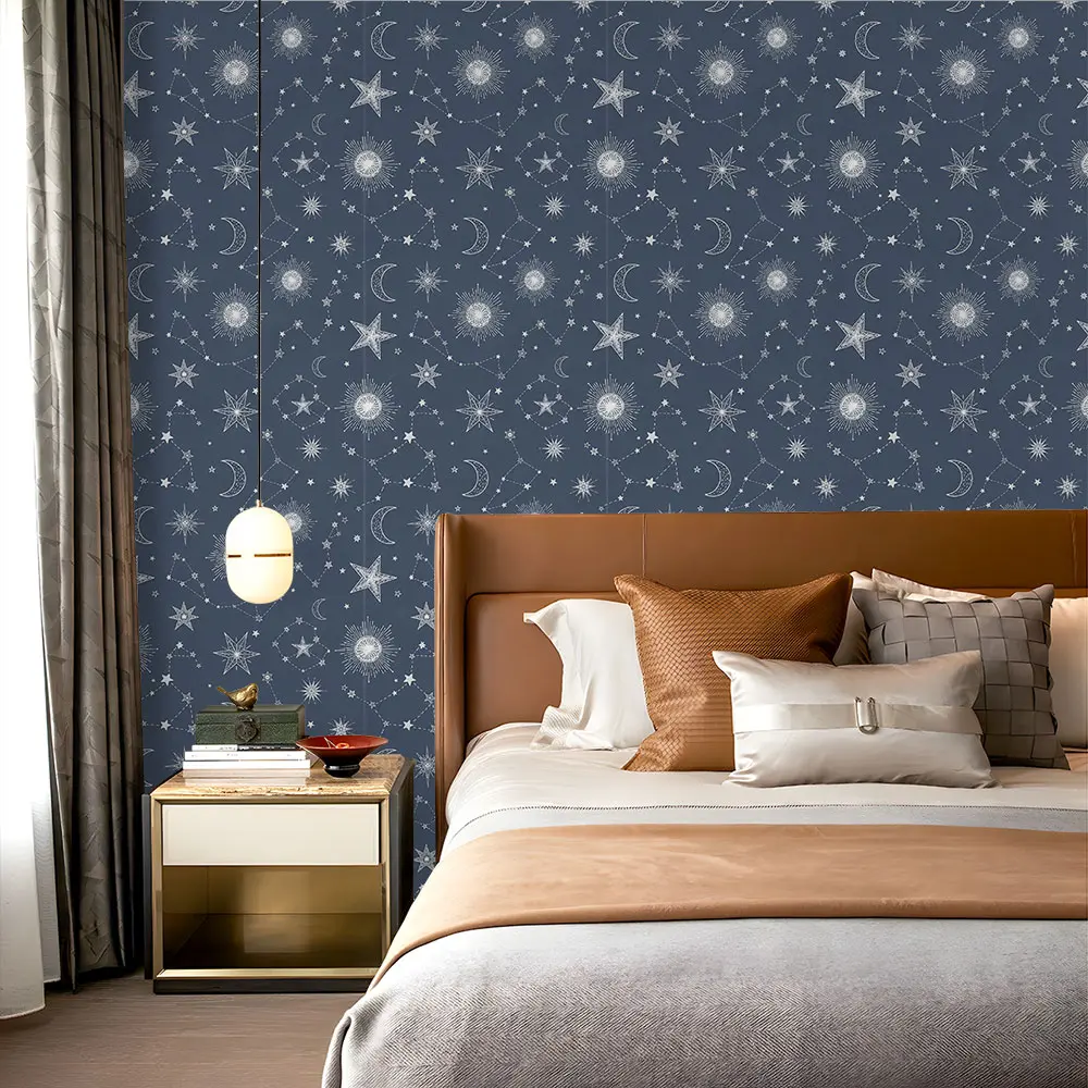 1 piece starry sky and moon pattern printed PVC wallpaper wall sticker, with adhesive on the back for easy peel and stick, suitable for wall decoration and old wall renovation