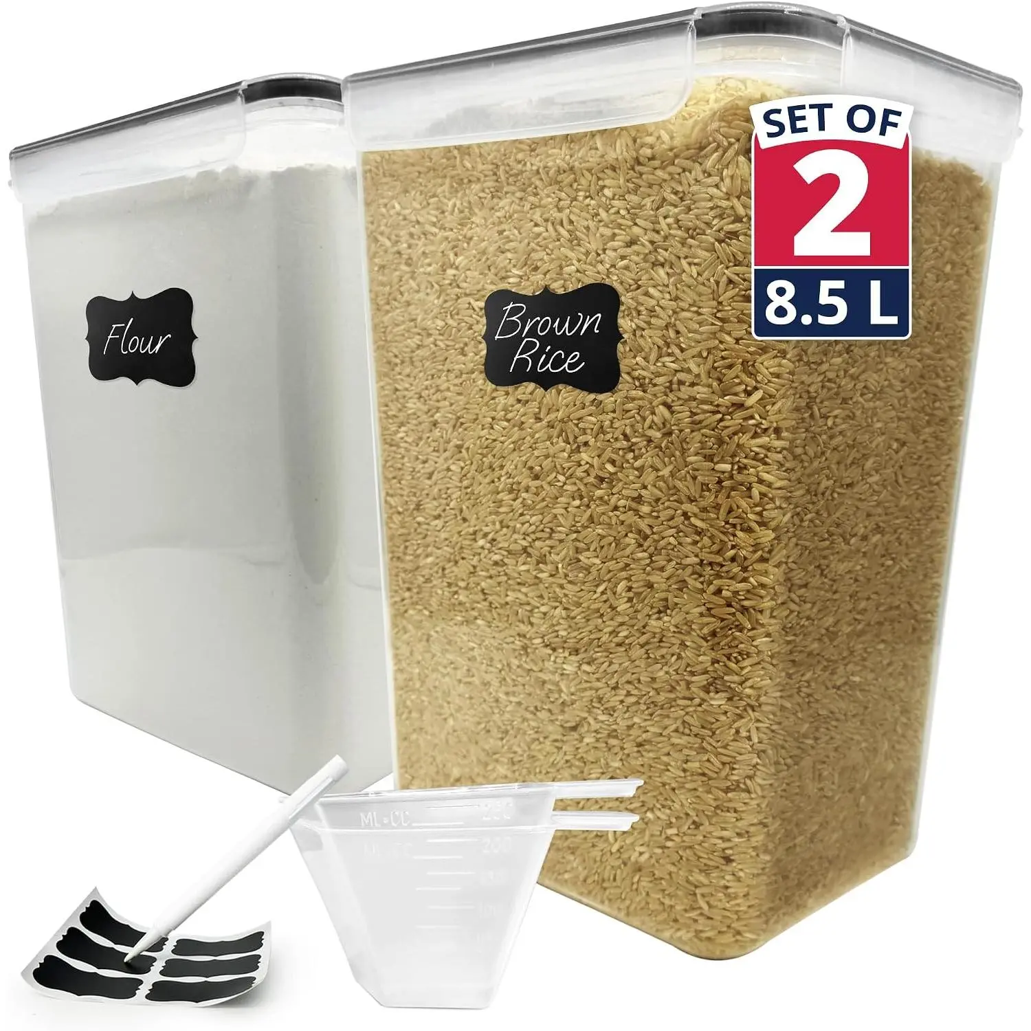 8.5L Airtight  Storage Containers with  (2 Sets) | Kitchen Organizers and Storage Containers, Pantry Organizers |  Plastic XXL Set w/ 1 Measuring Cup, 6 Labels, Pen