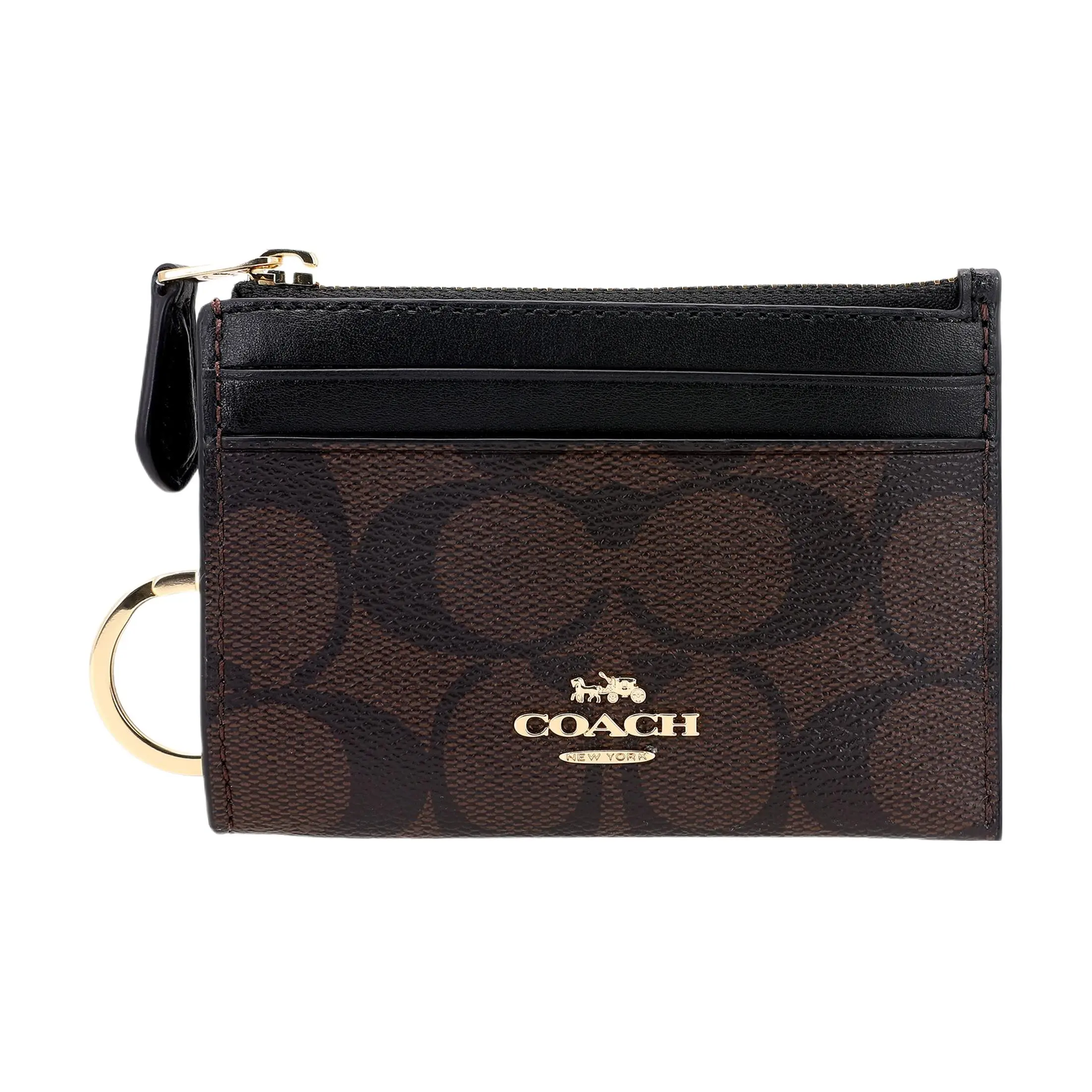Coach Skinny ID Case for Women – Monogram-Print Coated Canvas with Smooth Leather, Mini Card and Key Holder in Dark Brown