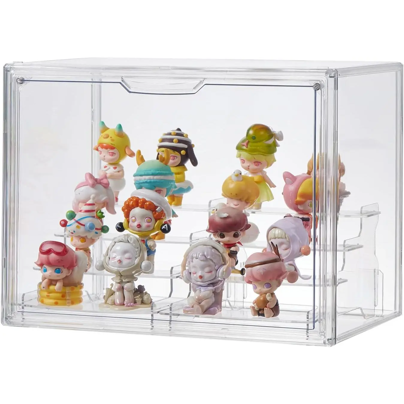 4 Tiers Clear Display Case, Plastic Storage Bins with 2 Display Risers and  Door,Stackable Display Box for Figures  (XLarge -4 Tier-1 Pack)