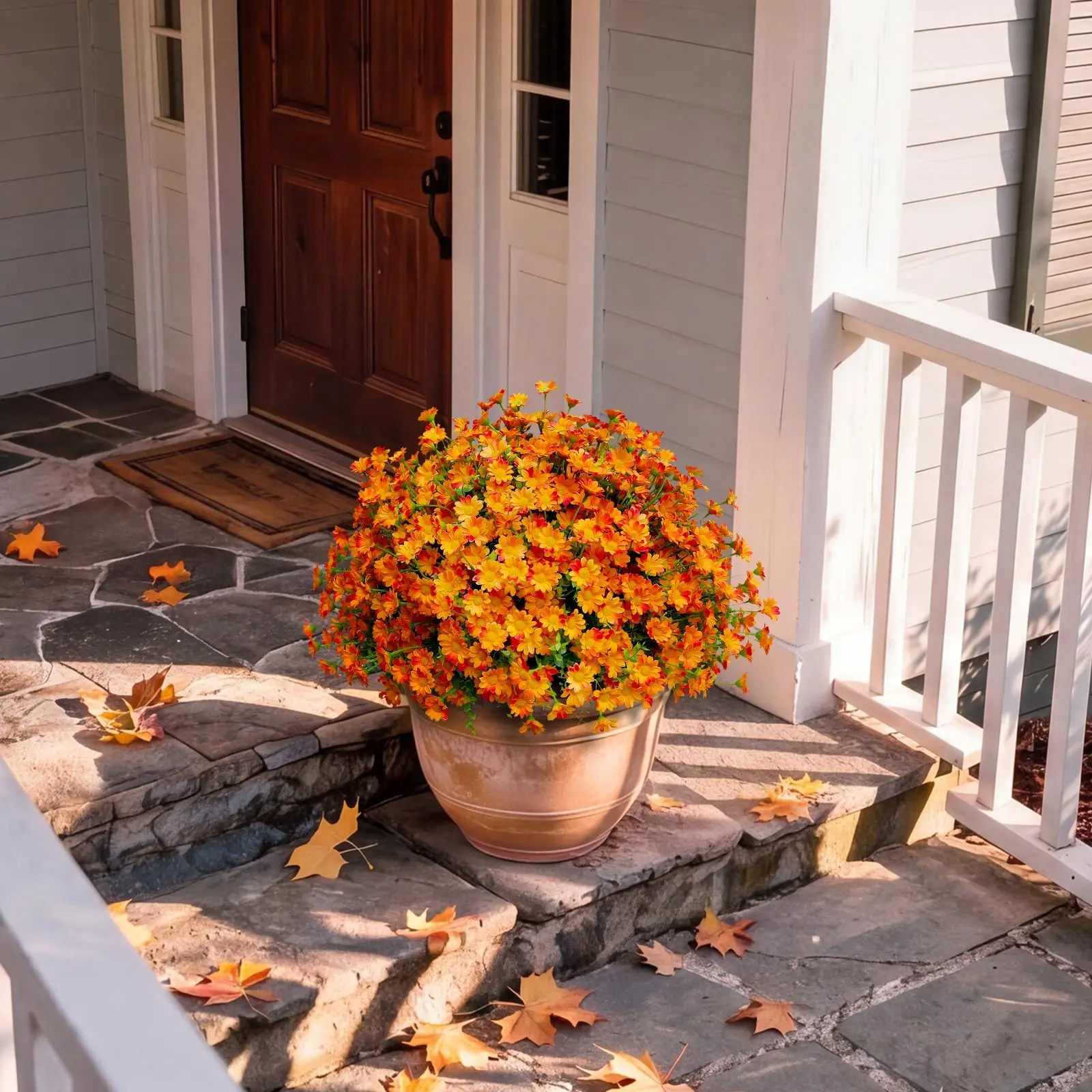 18 Bundles Orange Faux Mums UV Resistant Artificial Fall Flowers Plastic Fake Daisy Greenery Bulk For Outdoor Garden Window Box Pathway Wedding Home Decor