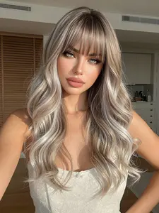 Women's Full Headset Wig, Straight Bangs Curly Hairpiece, Synthetic Machine Wigs, Daily Natural Fashion Style, Perfect for Women, Daily Wear Wig, Synthetic Fiber Wig