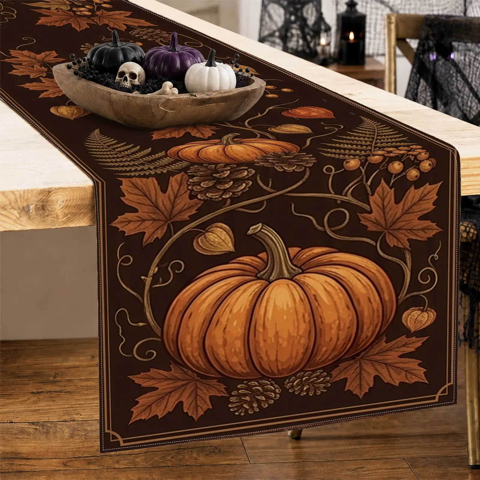 1pc Pumpkin Maple Leaf Acorn Table Runner, Rustic Fall Style, Printed Pattern with Decorative Border, for Dining Table Kitchen Decor Home Decor Thanksgiving Dinner