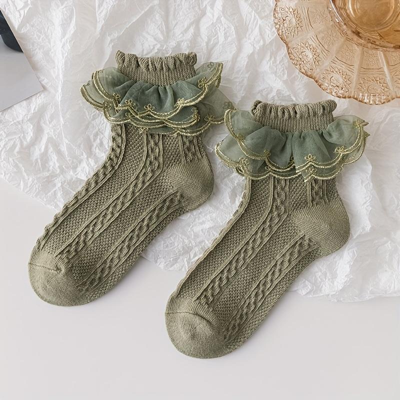(New)New[Breathable Lace Socks] 5 Pairs Breathable Girls' Lace Ruffle Socks |               Polyester Blend, Comfortable, All-Season White Princess Socks for Dancing, Hand Wash Only, Dancing Socks |               Ruffle Detail Socks |               Knit T