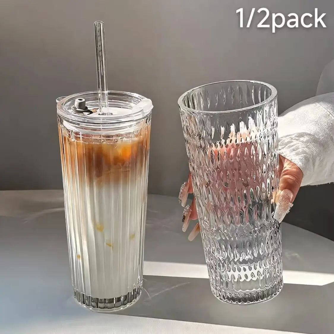 Aesthetic Ribbed Wide Mouth Glass Iced Coffee Tumbler with Lid & Straw, Thickened Heavy Base Leakproof Reusable Cup, Food Grade BPA Free Striped Drinkware for Americano Cold Brew Latte Smoothies, Home Office Outdoor, Gift for Coffee Lovers & Coworkers