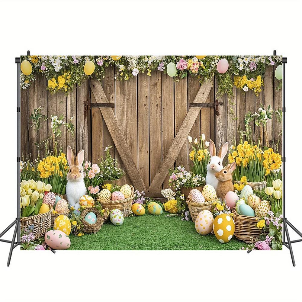 1pc Spring Easter Backdrop with Rabbit, Colorful Eggs, Fence Wall Decor for Photoshoot and Party Supplies, Cake Table Photo Booth Props, Banner Decor - Use Without Electricity, Polyester, General