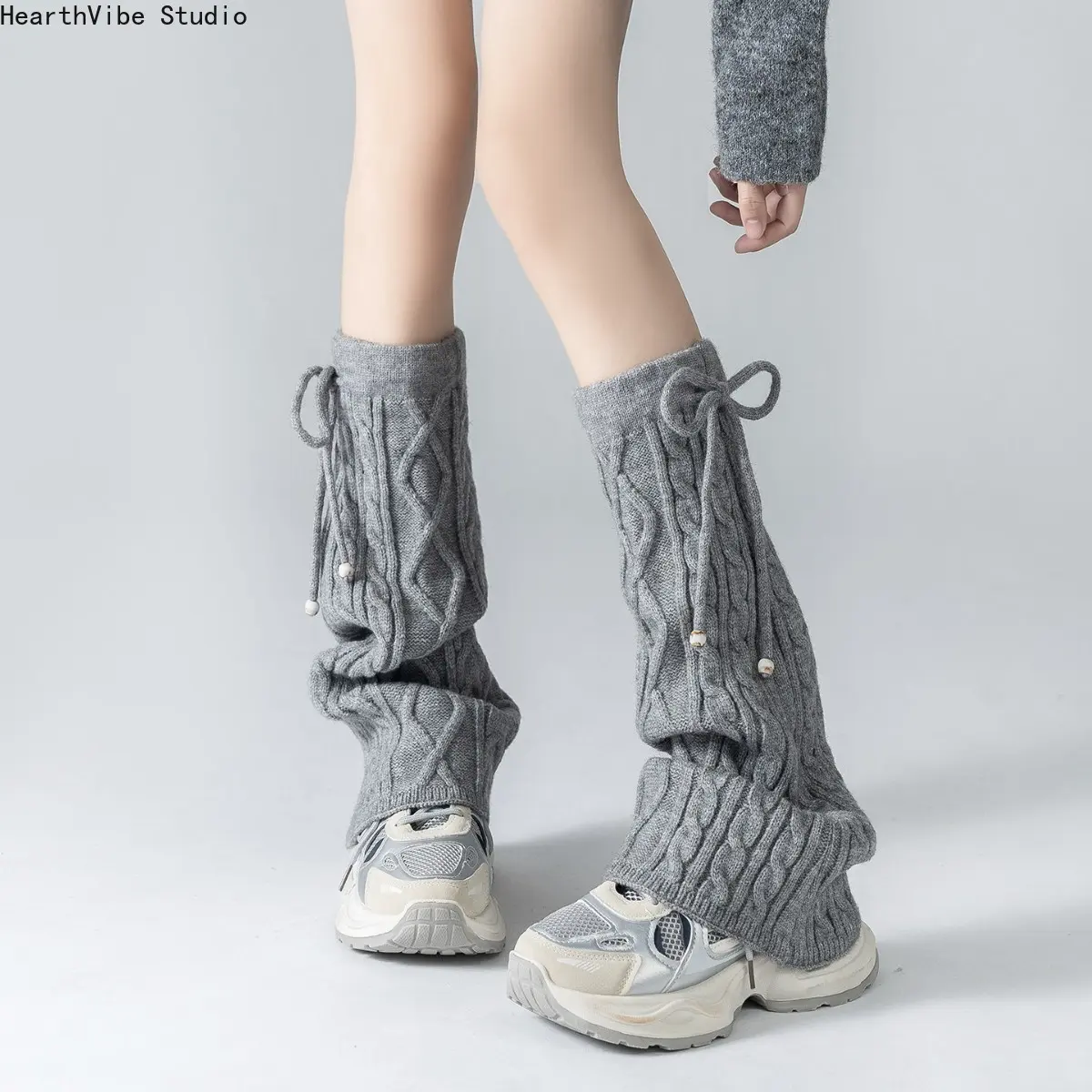 Women Cable Knit Leg Warmers Slouchy Ribbed Thigh High Long Socks With Drawstring Bow Loose Fit Calf Sleeves Grey Boot Cuffs For Sneakers Autumn Winter Outdoor Y2K Aesthetic Gift