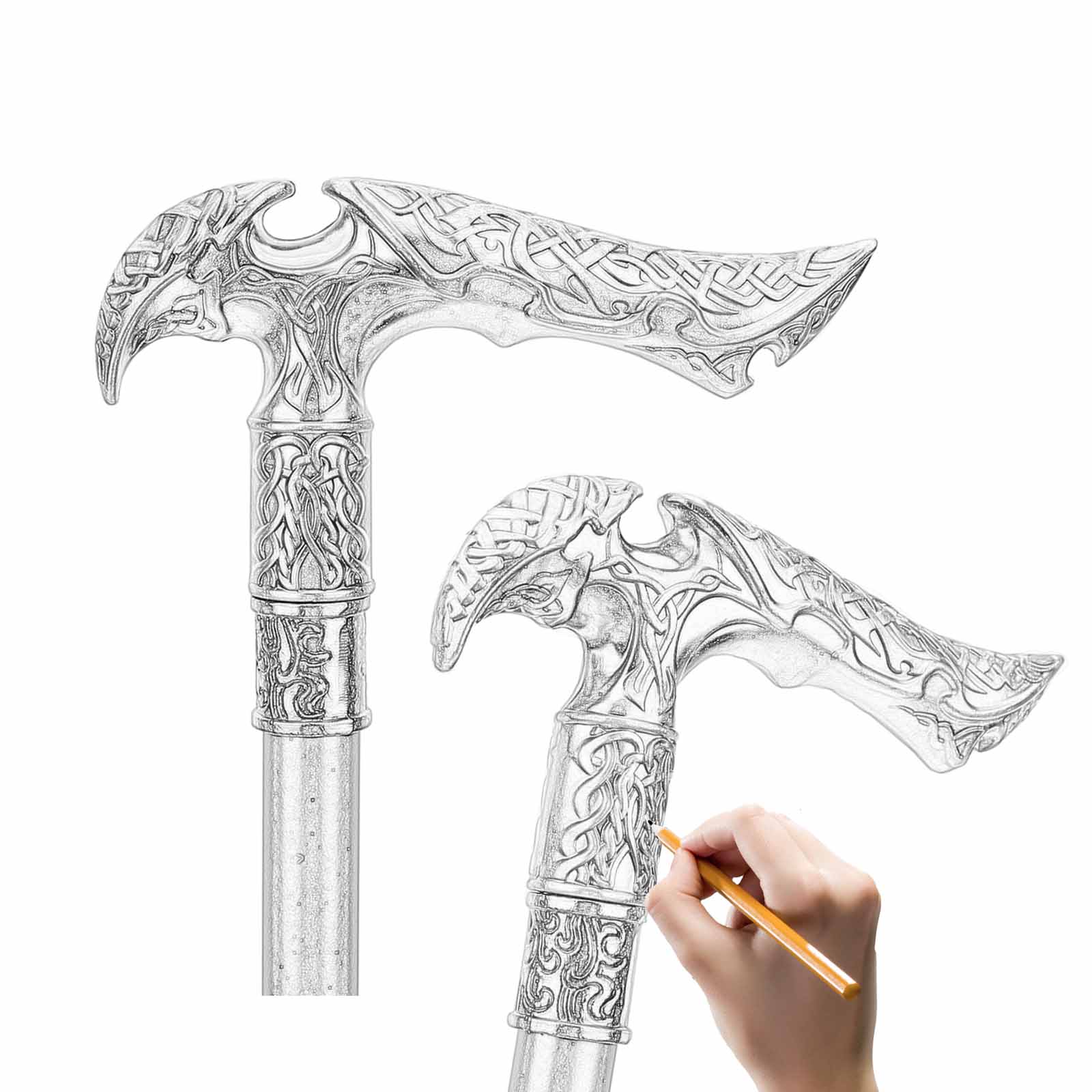 36.61-Inch Long Handle Retro Silvery Grey Alloy Decorative Cane - Adult Fashion Unisex Hiking Stick Accessory for Halloween Holiday Costumes, Role-Play Events