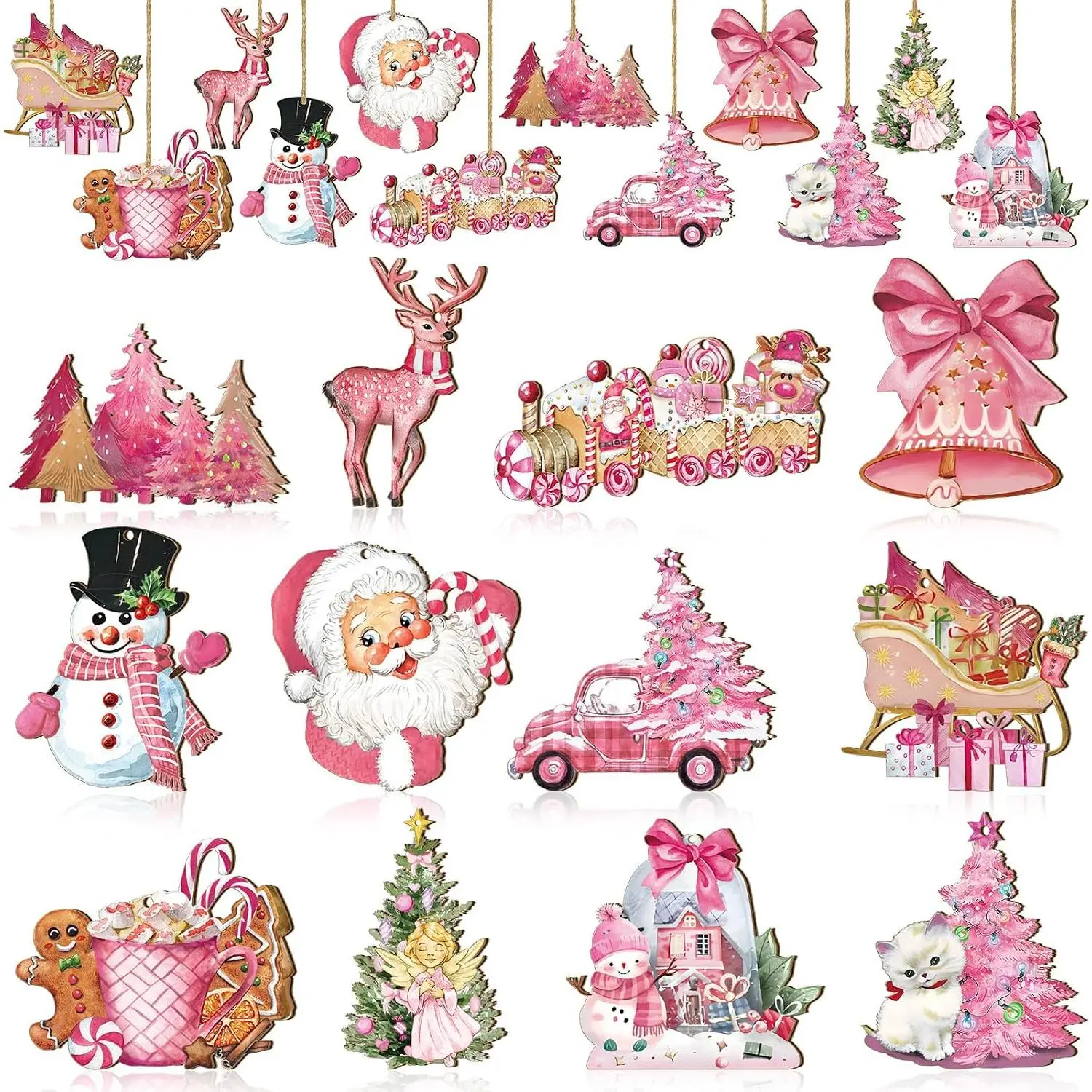 36 count  Christmas Ornaments for Tree Wooden   Decor | Xmas  Pendants, Santa Snowman Reindeer Bells , Rustic Holiday Decoration, for  Festival Winter Party