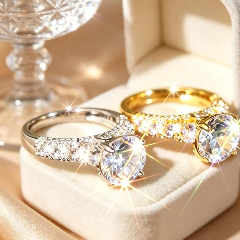 1PC Round Cut  Ring - Luxurious Solitaire with Pave-Set Accents, Available in Golden/Silvery Tone, Ideal for Special Occasions & Daily Wear