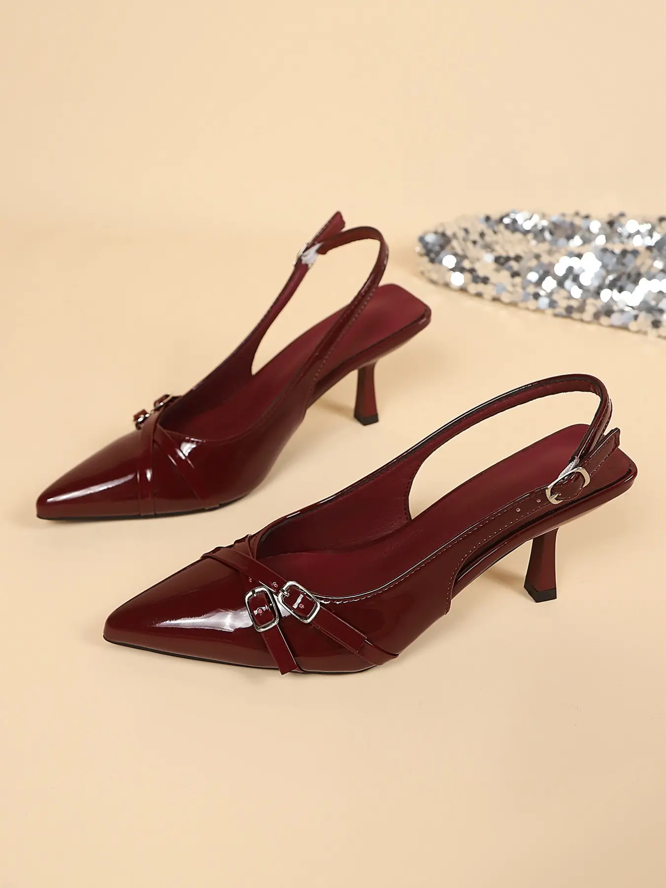 Women Chic Glossy Patent Strappy Slingback Heels, Metal Buckle Decor Adjustable Back Strap Lightweight Dress Pumps, Weekend Café Evening Holiday Wear, 2 Colors Black Burgundy